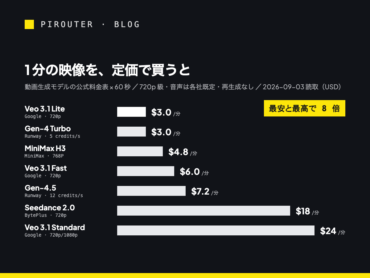 横棒グラフ「1 分の映像を、定価で買うと」。動画生成モデル 7 本の公式単価を 60 秒分に換算した USD 表示。Veo 3.1 Lite と Runway Gen-4 Turbo が 3 ドル、MiniMax H3 が 4.8 ドル、Veo 3.1 Fast が 6 ドル、Runway Gen-4.5 が 7.2 ドル、Seedance 2.0（BytePlus 経由）が 18 ドル、Veo 3.1 Standard が 24 ドル。最安と最高で 8 倍。