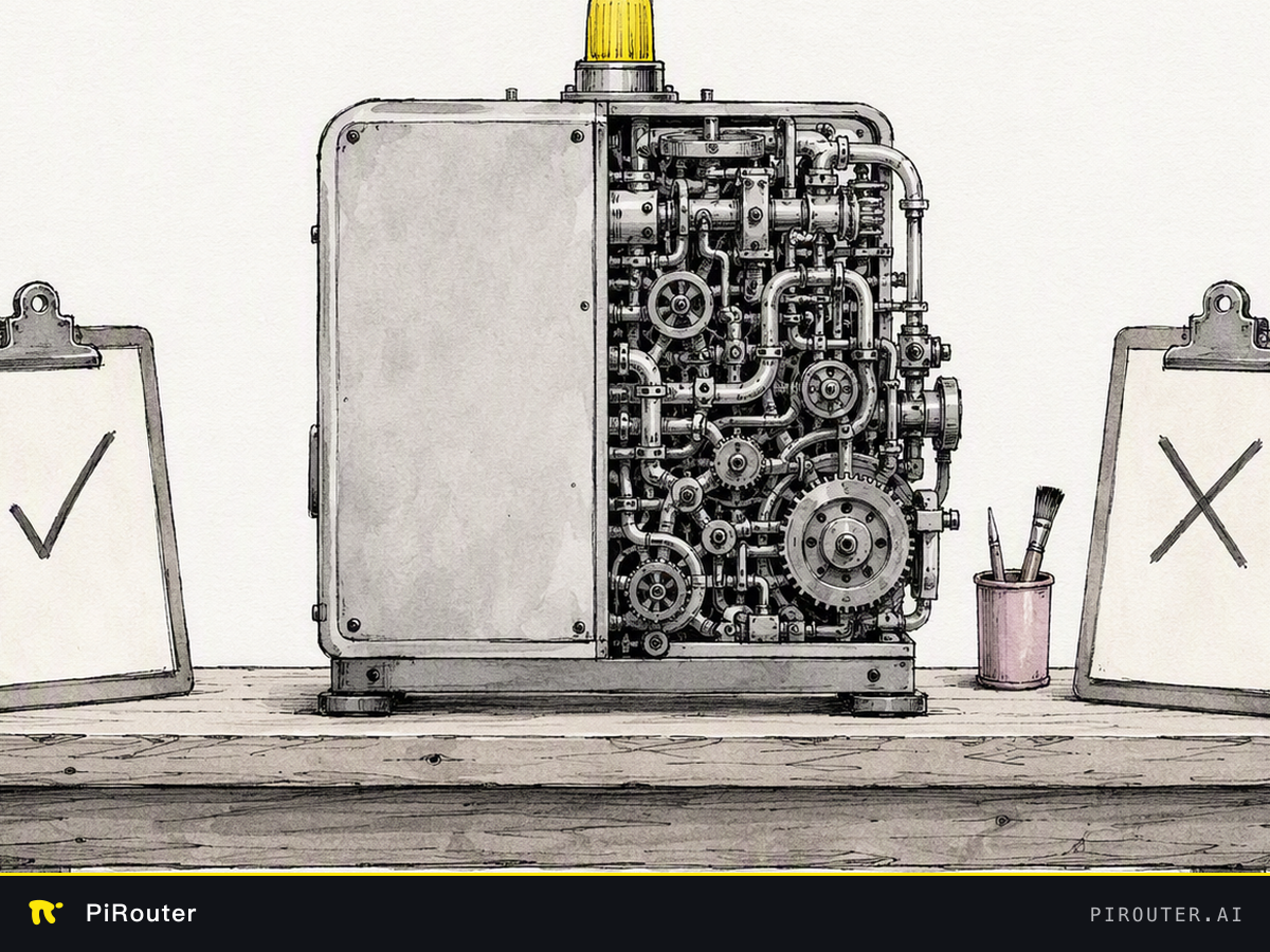 One machine whose left half is a plain casing and right half a dense tangle of gears; a clipboard on each side, one marked with a check and one with a cross.