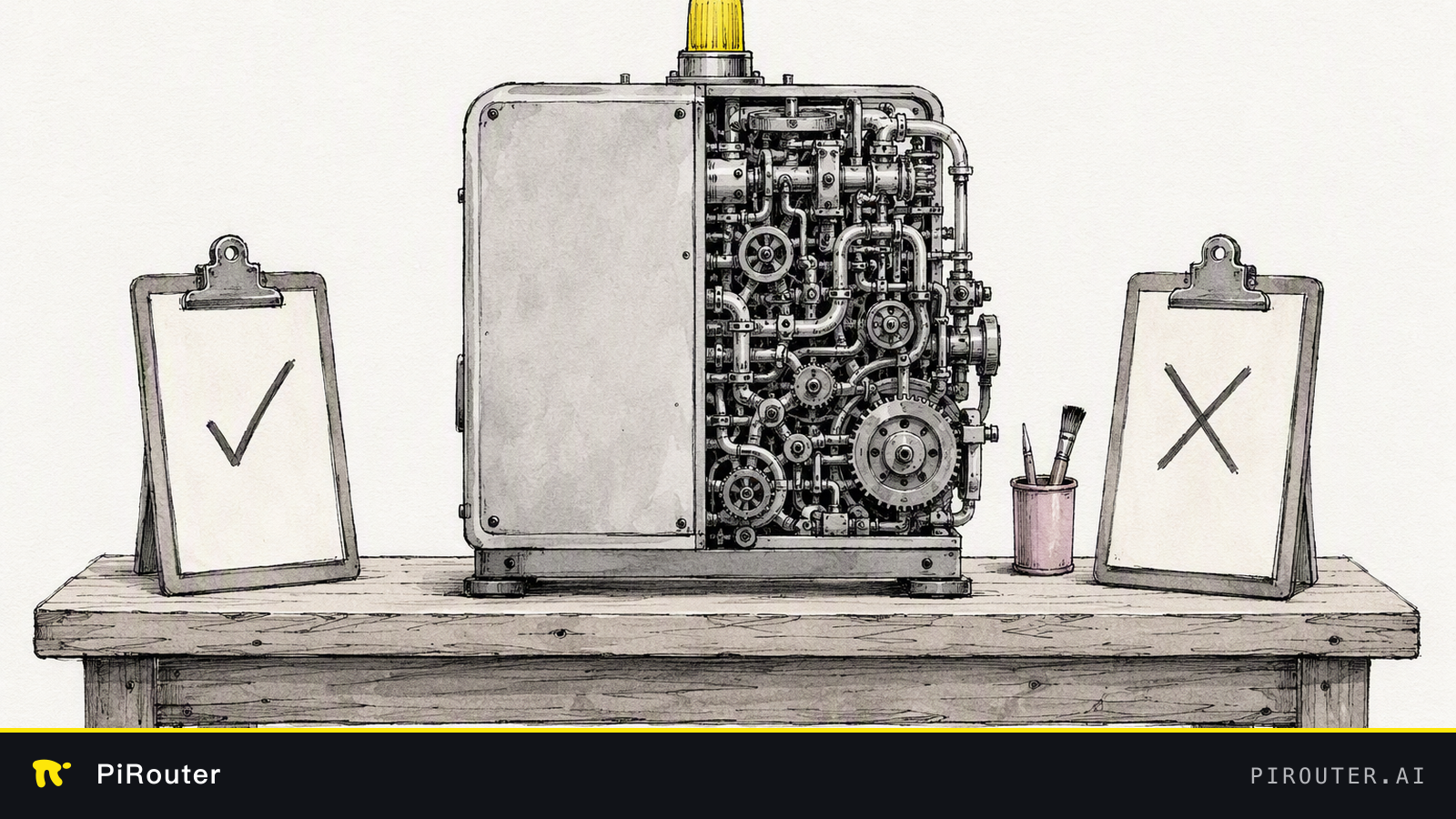 One machine whose left half is a plain casing and right half a dense tangle of gears; a clipboard on each side, one marked with a check and one with a cross.
