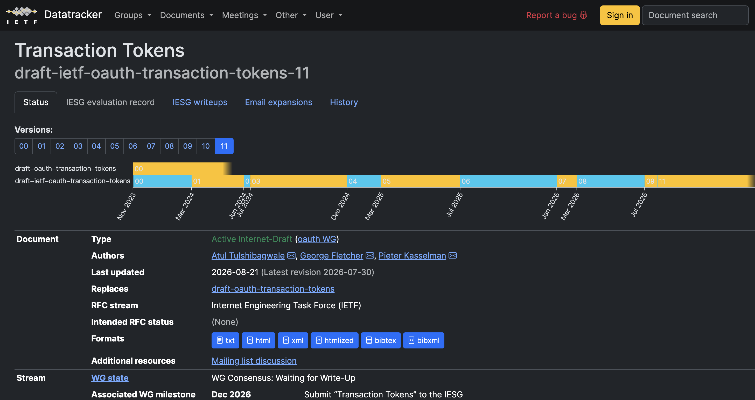 IETF Datatracker のページ:Transaction Tokens / draft-ietf-oauth-transaction-tokens-11、Versions 00 から 11 までのタブと改訂の帯グラフ、Type は Active Internet-Draft(oauth WG)、Last updated 2026-08-21(Latest revision 2026-07-30)、Intended RFC status は (None)、WG state は WG Consensus: Waiting for Write-Up、Associated WG milestone は Dec 2026 に IESG へ提出