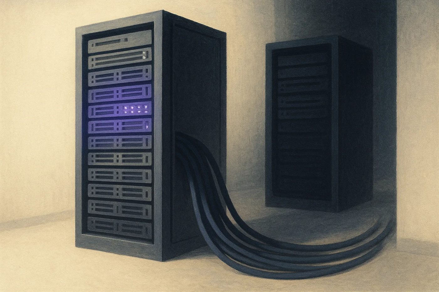 The post's cover illustration: server racks trading cables in the dark