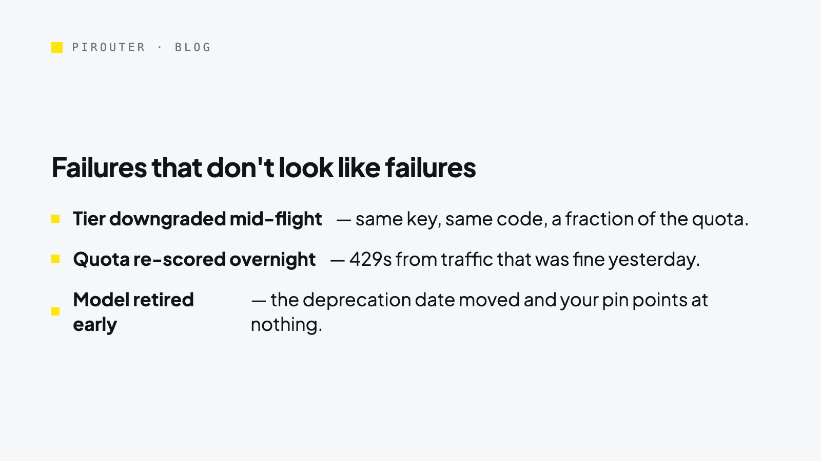 List card: tier downgraded mid-flight, quota re-scored overnight, model retired early