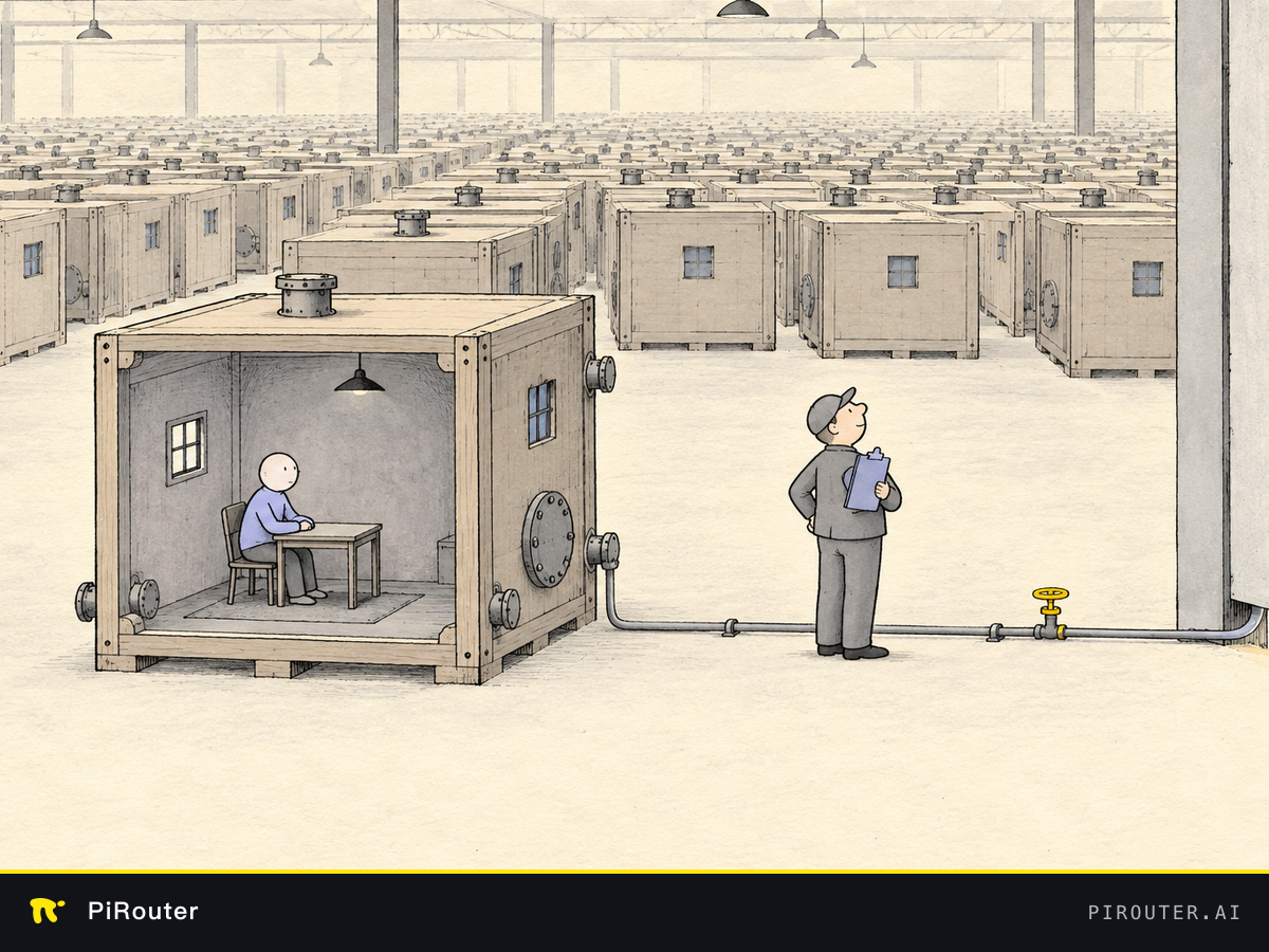 Hand-drawn warehouse of sealed sandbox crates, with one narrow network pipe escaping under a wall