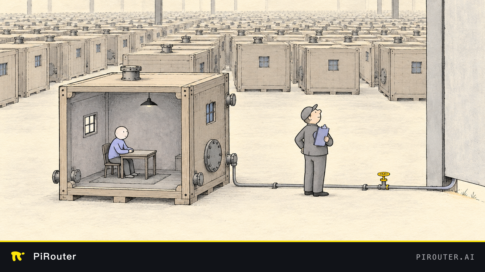 Hand-drawn warehouse of sealed sandbox crates, with one narrow network pipe escaping under a wall