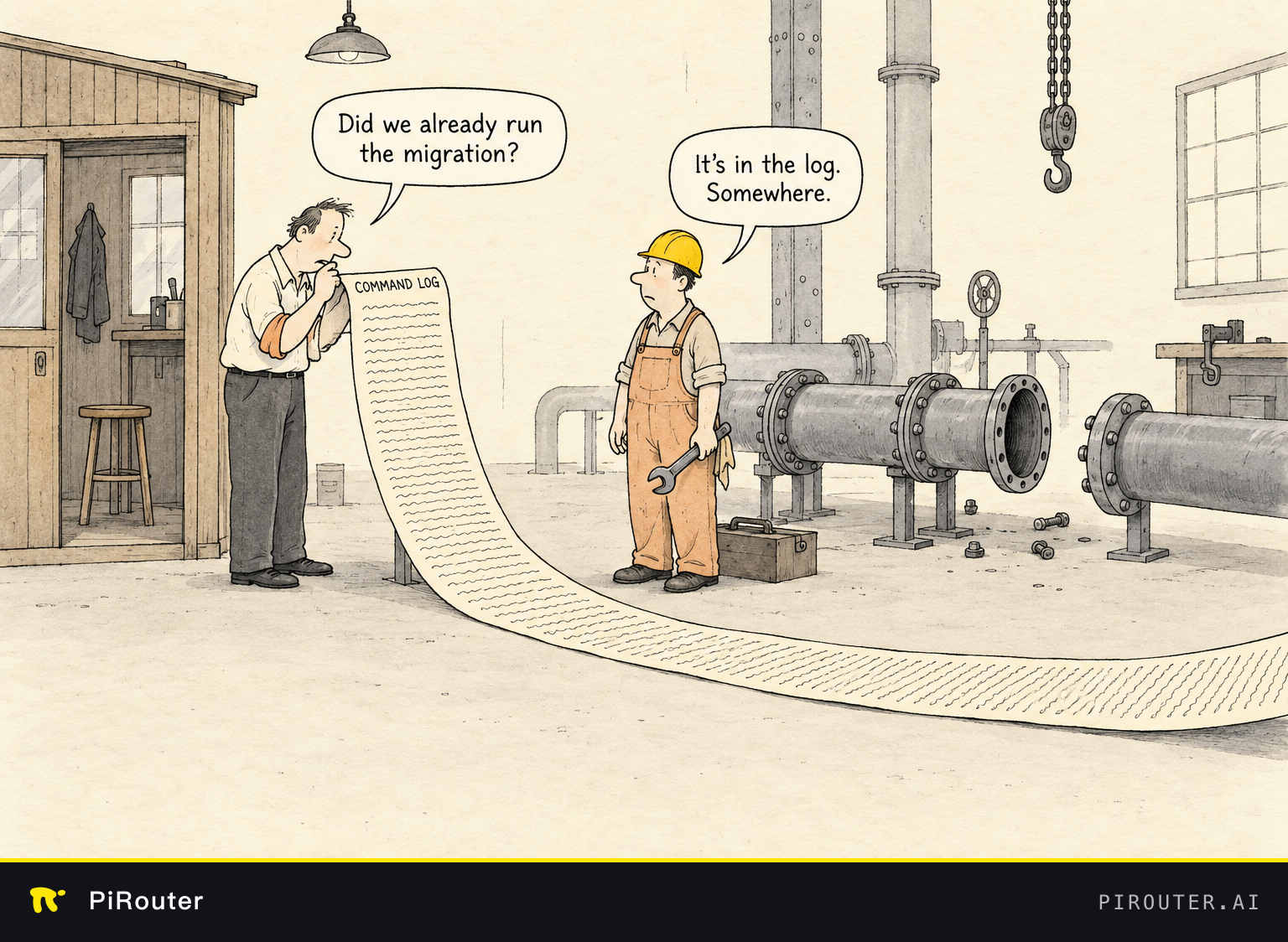 Cartoon of a replacement worker trying to reconstruct a half-finished migration from a very long command log