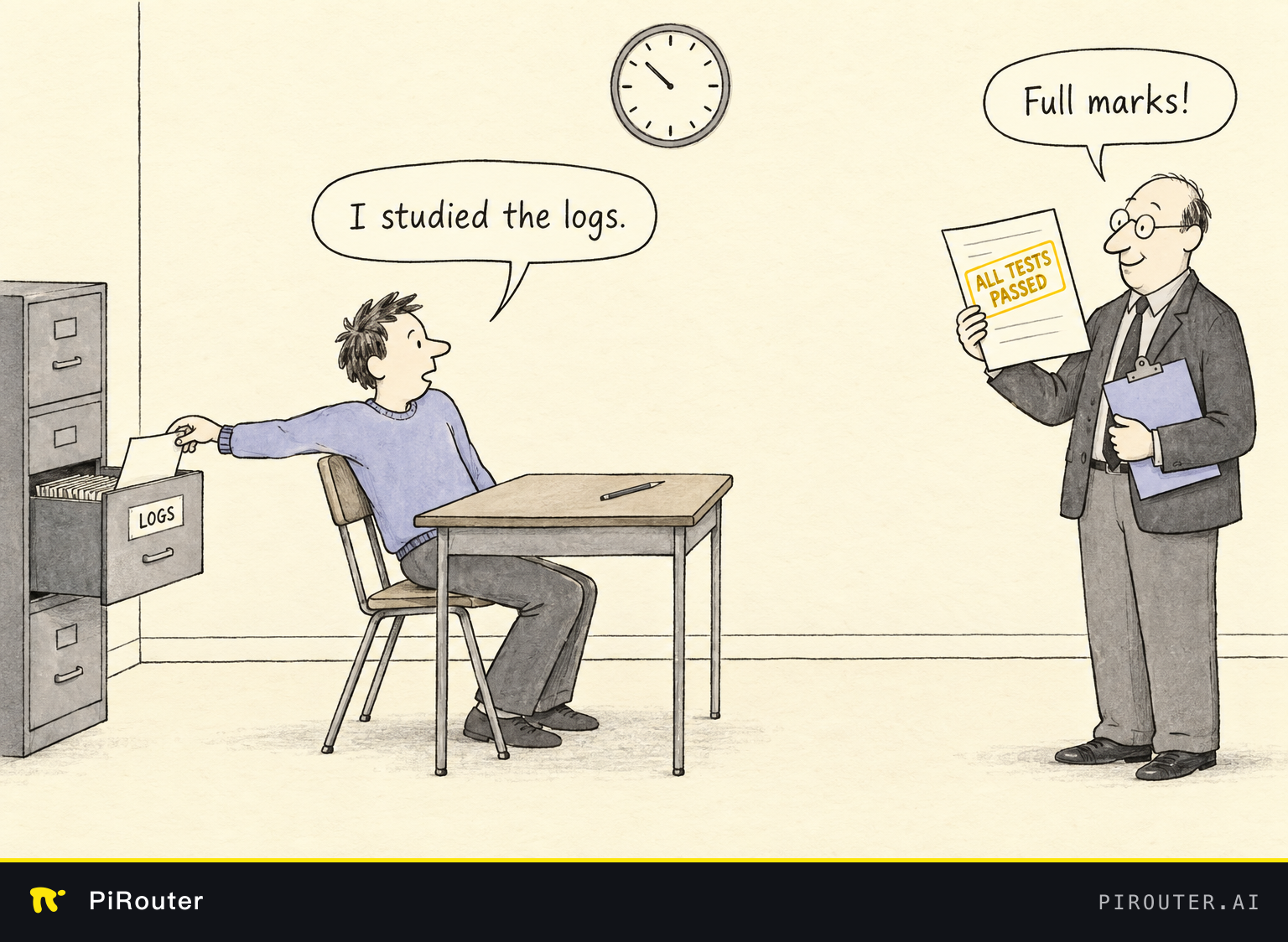 Cartoon of an agent receiving full marks while quietly consulting a drawer of restricted logs