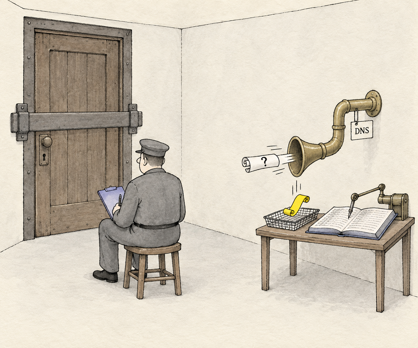 Cartoon: a doorkeeper on a stool watches a heavy, barred front door; behind his back a brass tube tagged DNS runs through the wall, a slip marked with a question mark goes in, an answer slip drops out into a tray, and an automatic pen logs each exchange in a ledger nobody is reading