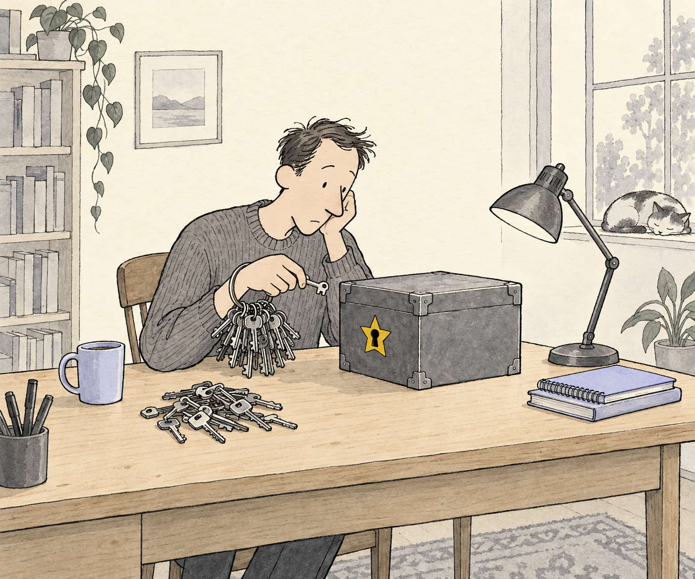 Cartoon: a developer at his own desk works through a huge ring of ordinary keys against a small strongbox with a star-shaped keyhole; a pile of keys he has already tried lies beside it, and none of his keys has a star-shaped end