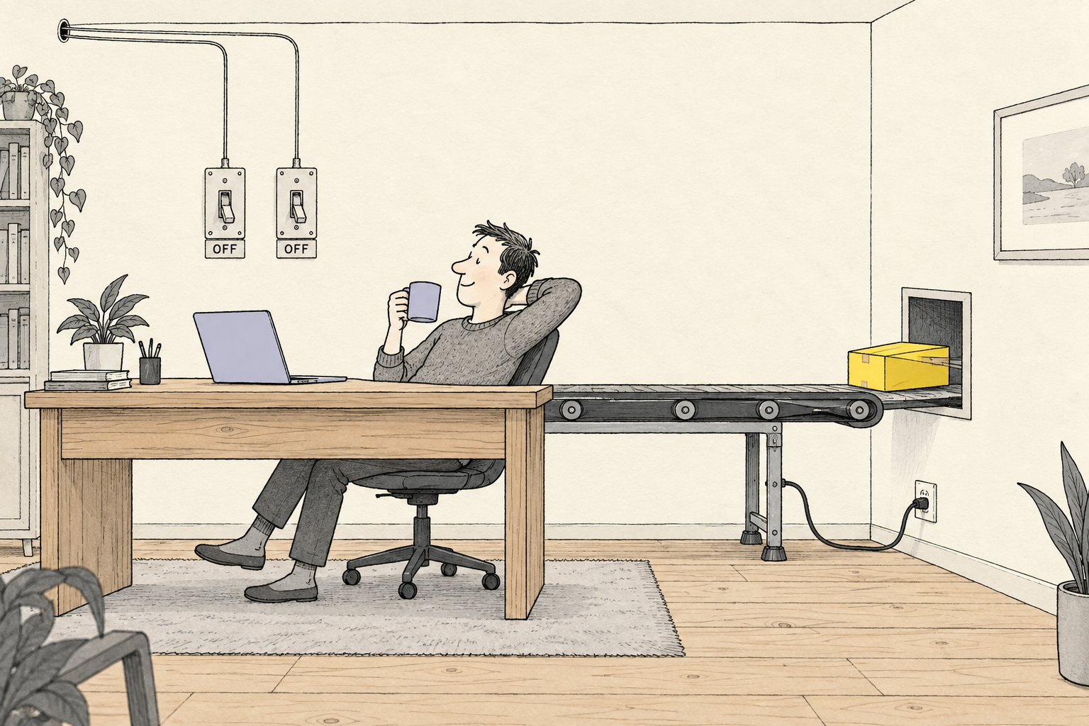 Cartoon: a developer leans back with a mug beside two wall switches, both marked OFF; their wires run up the wall and out through a hole far across the room, while behind him a conveyor belt that starts at his desk, plugged into its own wall socket, carries a yellow parcel out through a hatch in the wall