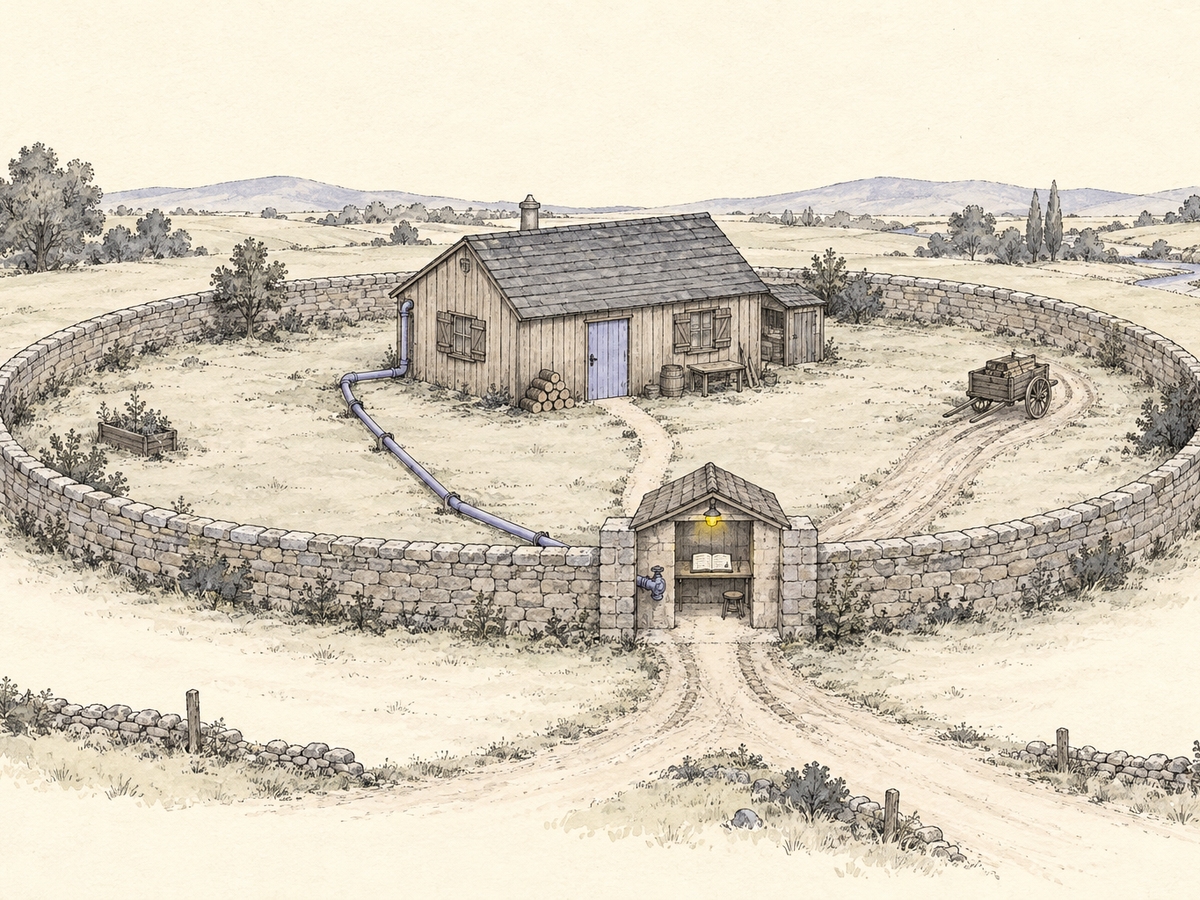 Hand-drawn illustration: a small wooden workshop inside a round stone-walled yard. Every way out, the footpath from its door, a cart track and a thin pipe running along the ground, converges on one small gatehouse in the wall, where an open ledger lies on the counter under a single yellow lamp.