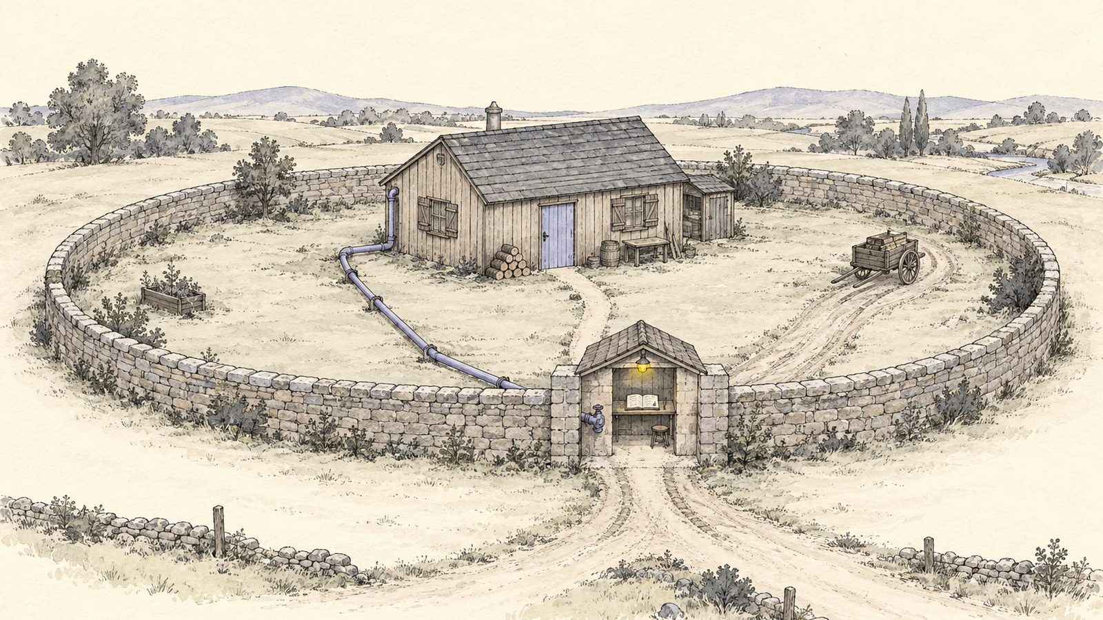 Hand-drawn illustration: a small wooden workshop inside a round stone-walled yard. Every way out, the footpath from its door, a cart track and a thin pipe running along the ground, converges on one small gatehouse in the wall, where an open ledger lies on the counter under a single yellow lamp.