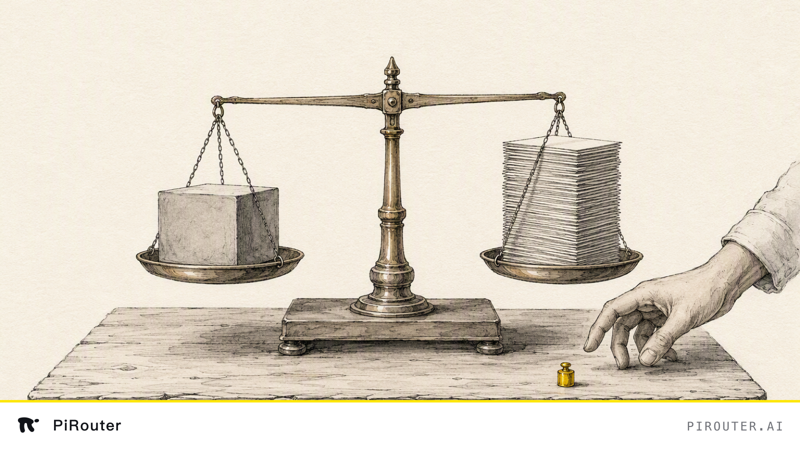 Hand-drawn ink illustration: a brass balance scale on a workbench. One pan holds a single plain block, the other a tall stack of many identical thin sheets; the beam is very nearly level. A small yellow brass weight lies on the bench beside the scale, off both pans, with a hand reaching toward it.
