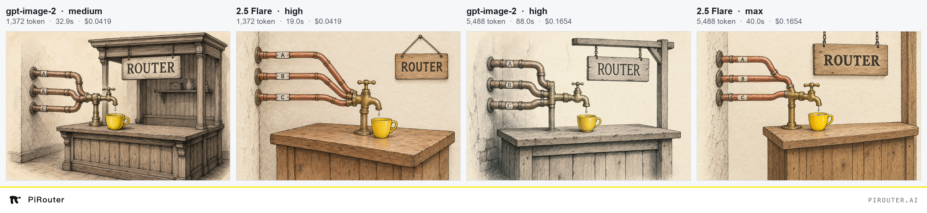 四格对比:同一份手绘 brief 在 gpt-image-2 的 medium 与 high、gpt-image-2.5 Flare 的 high 与 max 四个档位下的出图,每格标注输出 token、墙钟耗时与成本。1,372 token 的两格画面复杂度相当,5,488 token 的两格细节更密
