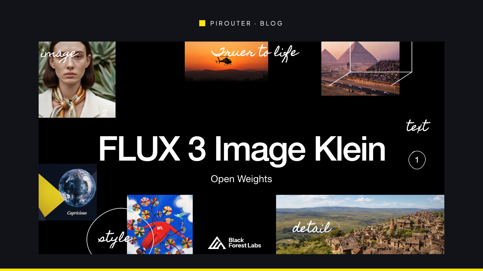 FLUX 3 Image Klein 官方发布主视觉,包含人像、风景和风格化样例,非本站本地显卡实测