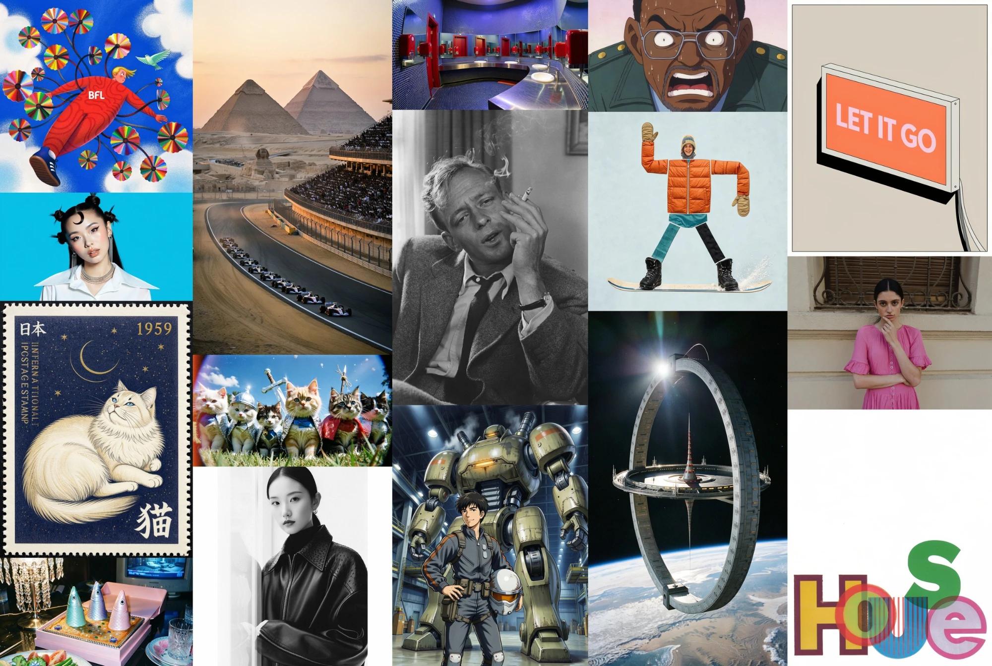 FLUX 3 Image Klein 官方作品拼图,包含插画、人像、摄影、动漫及文字设计样例