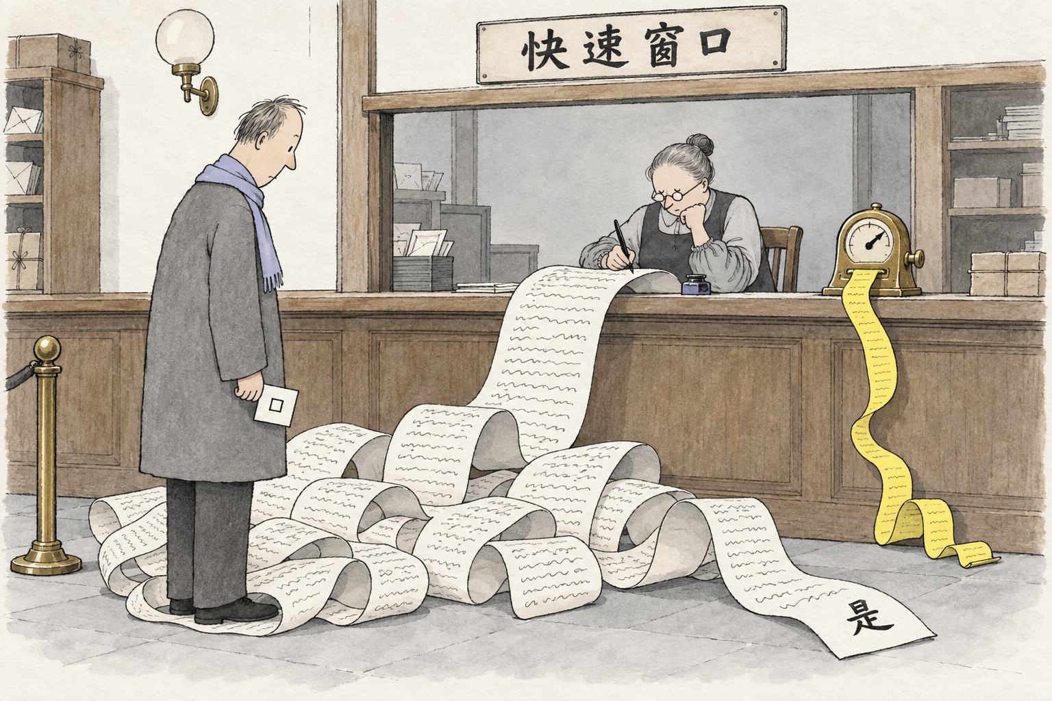 漫画:挂着「快速窗口」招牌的柜台后,职员托着下巴写出一长卷思考,纸卷从柜台一路堆到顾客脚边,卷尾只写了一个「是」;顾客手里拿着只有一个勾选框的小纸条低头看着,柜台一角的计价表正吐出一条长长的黄色小票