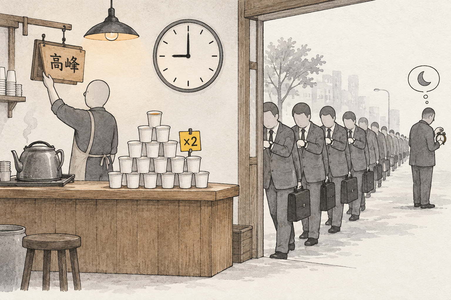 漫画:墙上的钟指向九点,茶铺老板把挂牌翻到「高峰」,同一摞纸杯茶旁的黄色价签写着「×2」;门外提公文包的上班族排成长队涌进来,都在看手表,只有队尾一人转过身,拨着闹钟,头顶的想法泡里是一弯月亮