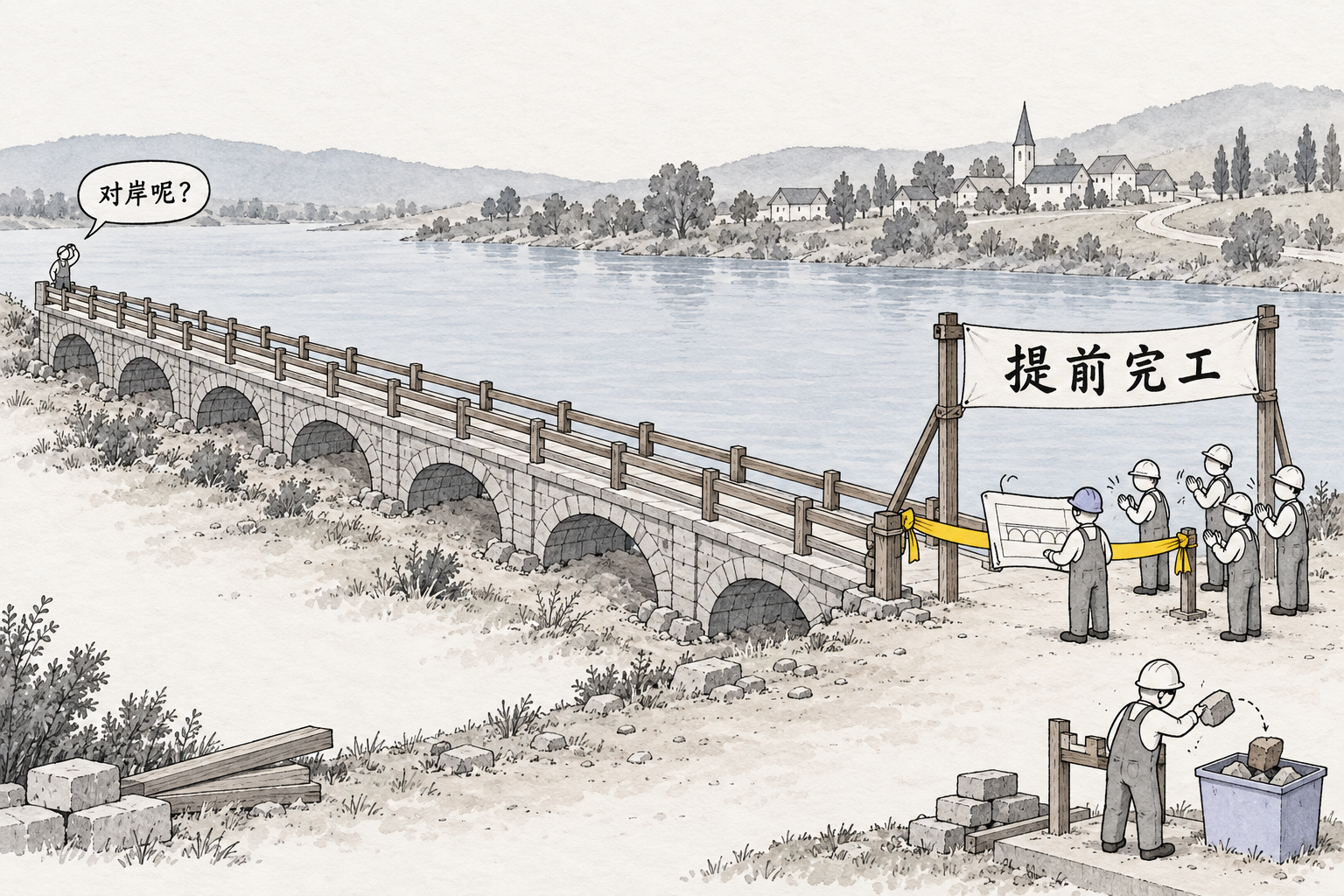 漫画:施工队在河边修完一座漂亮的石拱桥,横幅写着「提前完工」,工头举着图纸、工人们鼓掌,桥头拉着一条黄色剪彩绸带;可这座桥是沿着河岸修的,从没过河,对岸的村子和道路原封未动,只有站在桥尾的一个小工人望着对岸问「对岸呢?」;前景里另一个工人把一块塞不进量规的砖随手扔进小桶