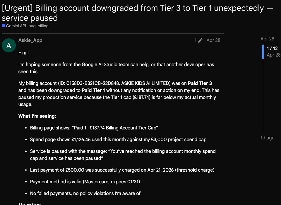 The original forum thread: billing account downgraded from Tier 3 to Tier 1, service paused