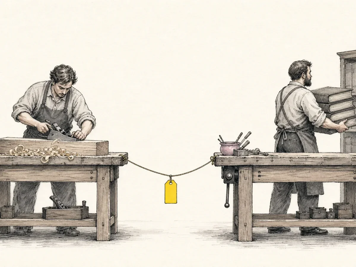 手描きイラスト:並んだ二つの作業台。左の職人は木塊を鉋で薄く削り、右の職人は重い帳簿を棚へ運ぶ。二台の間に張った紐の中央に黄色い値札が一枚