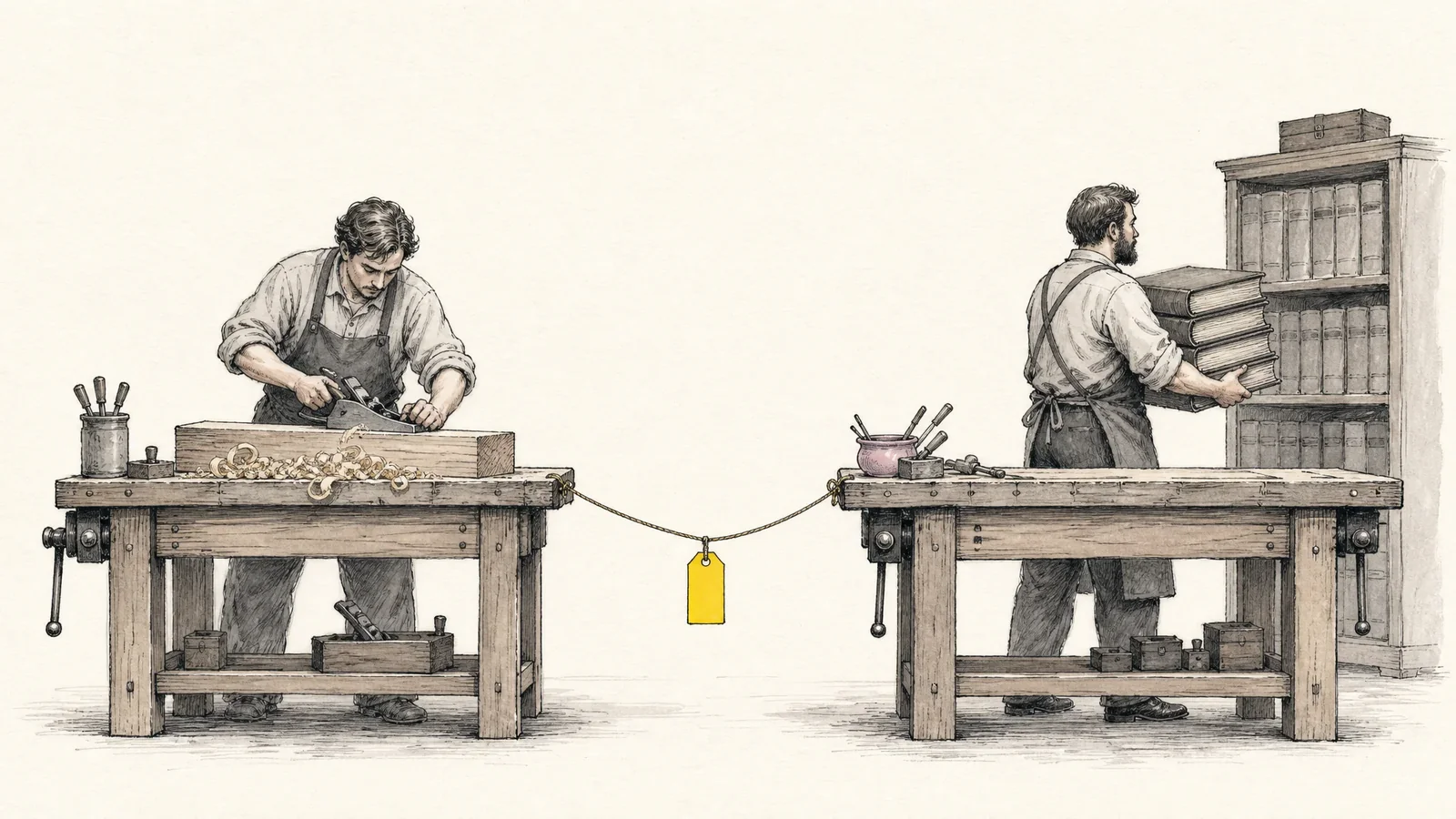 手描きイラスト：並んだ二つの作業台。左の職人は木塊を鉋で薄く削り、右の職人は重い帳簿を棚へ運ぶ。二台の間に張った紐の中央に黄色い値札が一枚