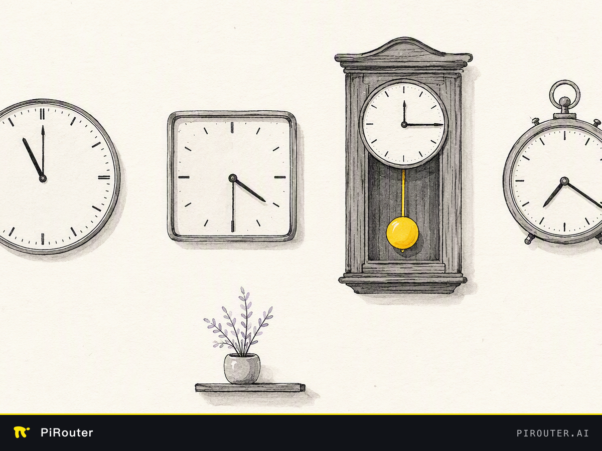 Four clocks of different designs mounted on one wall, each showing a different time; one has a yellow pendulum.