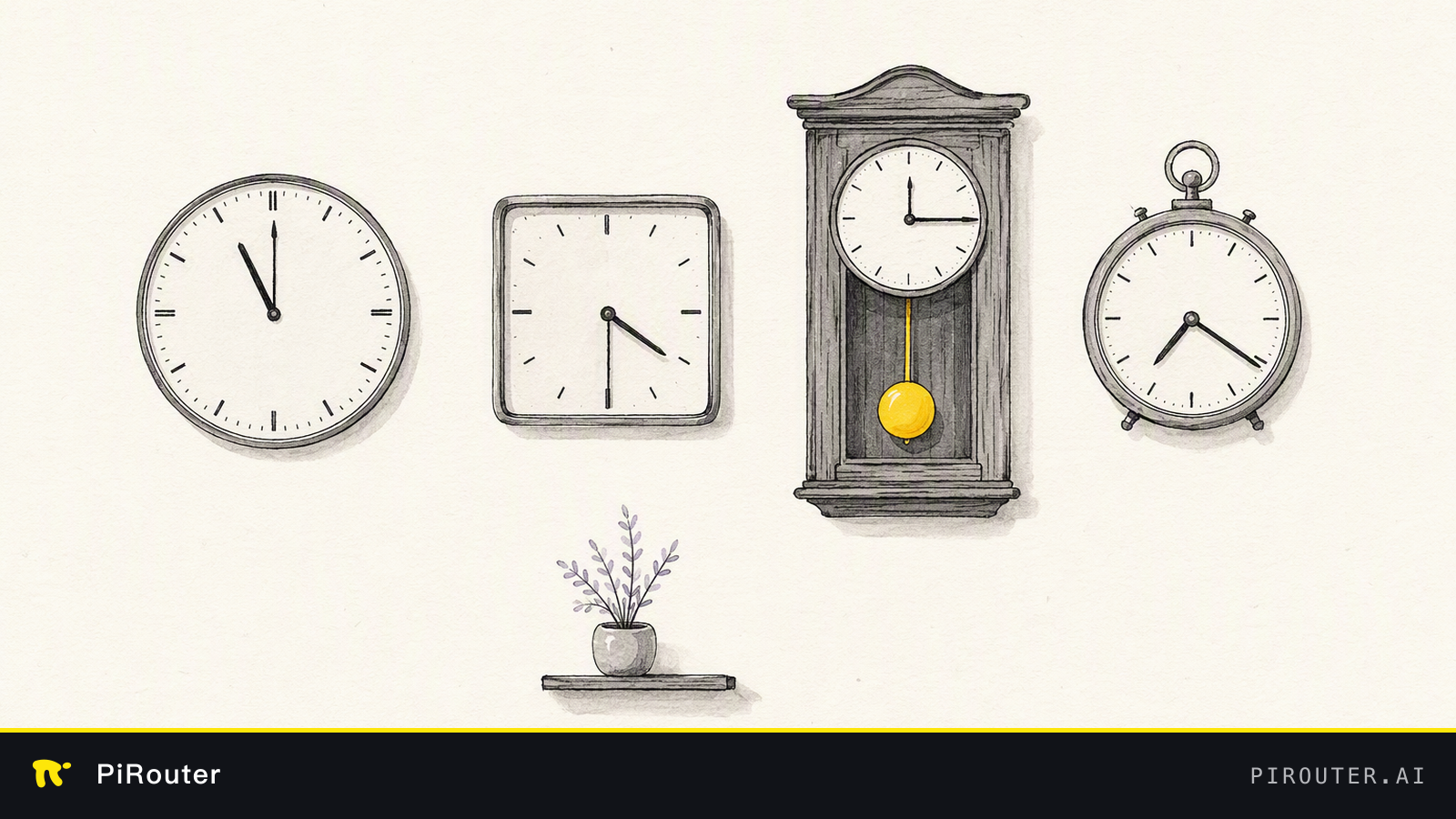 Four clocks of different designs mounted on one wall, each showing a different time; one has a yellow pendulum.