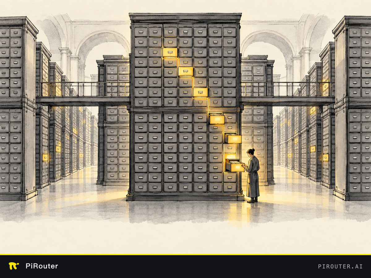 Editorial illustration of a large archive whose drawers all remain present while only a small subset is illuminated, symbolizing total model weights versus active parameters