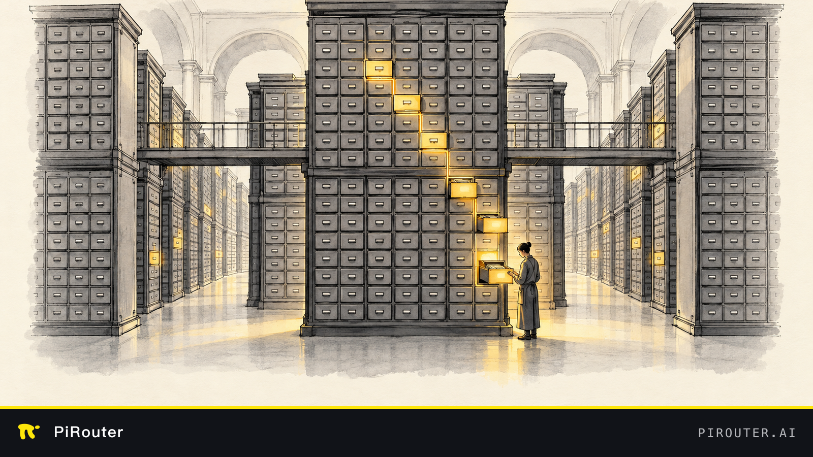Editorial illustration of a large archive whose drawers all remain present while only a small subset is illuminated, symbolizing total model weights versus active parameters