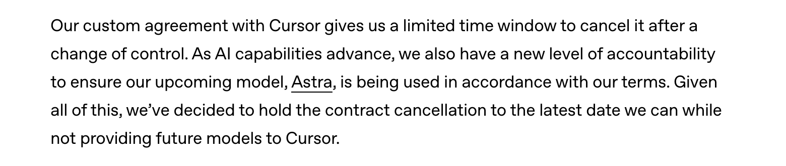 OpenAI's 28 August announcement, the paragraph stating that the custom agreement gives a limited time window to cancel after a change of control, and that future models will not be provided to Cursor