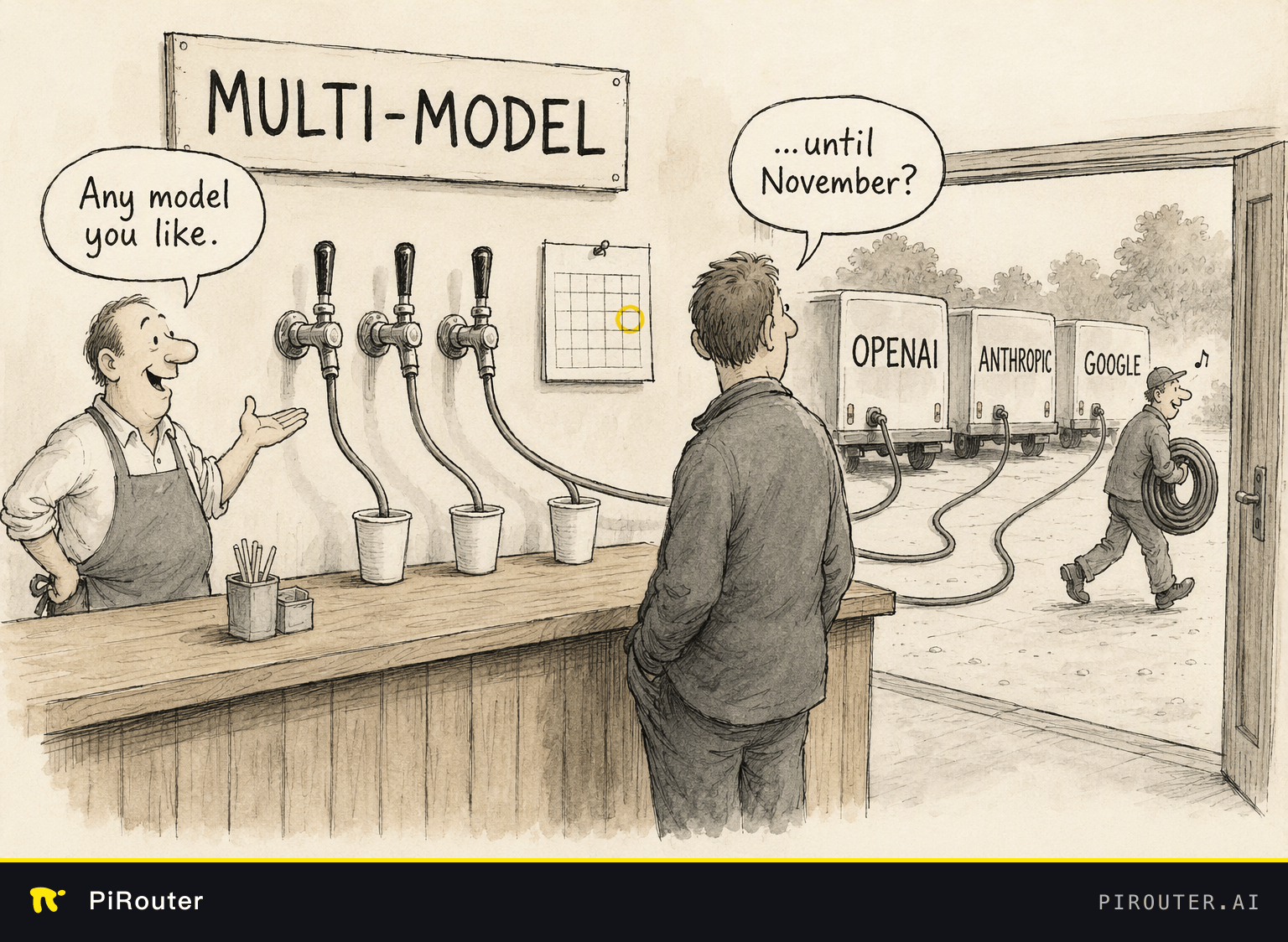Cartoon: a shop under a MULTI-MODEL sign, three taps fed by hoses running out to three delivery vans marked OPENAI, ANTHROPIC and GOOGLE; one driver is coiling his hose and walking away while the shopkeeper, facing the other way, says "Any model you like." and the customer asks "...until November?"
