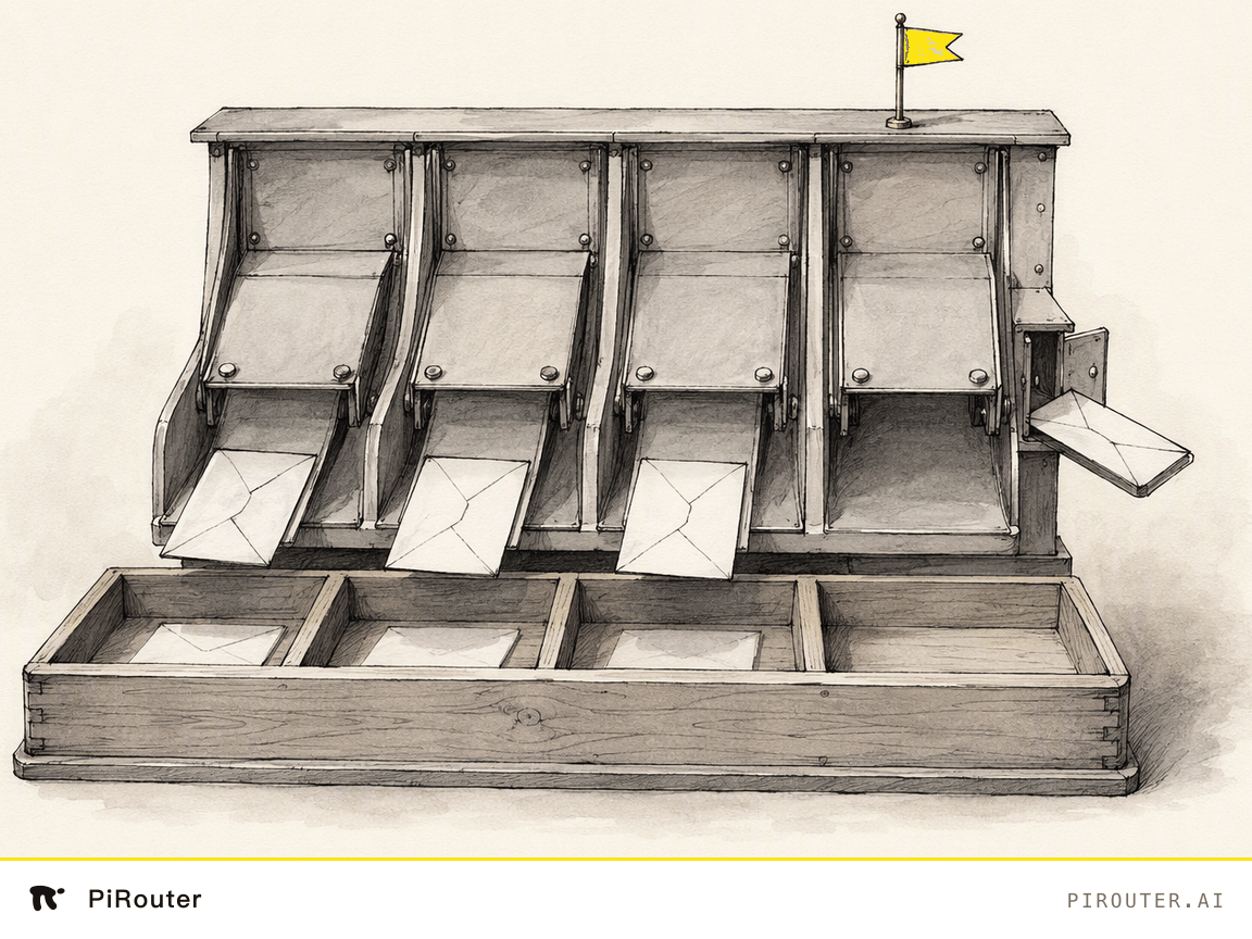 Hand-drawn ink illustration on warm paper: four brass mail-sorting chutes above one shared tray. Three drop their letters into their tray slots; the fourth diverts its letter out of a small side hatch, leaving its tray slot empty. A single small yellow flag stands on the machine.