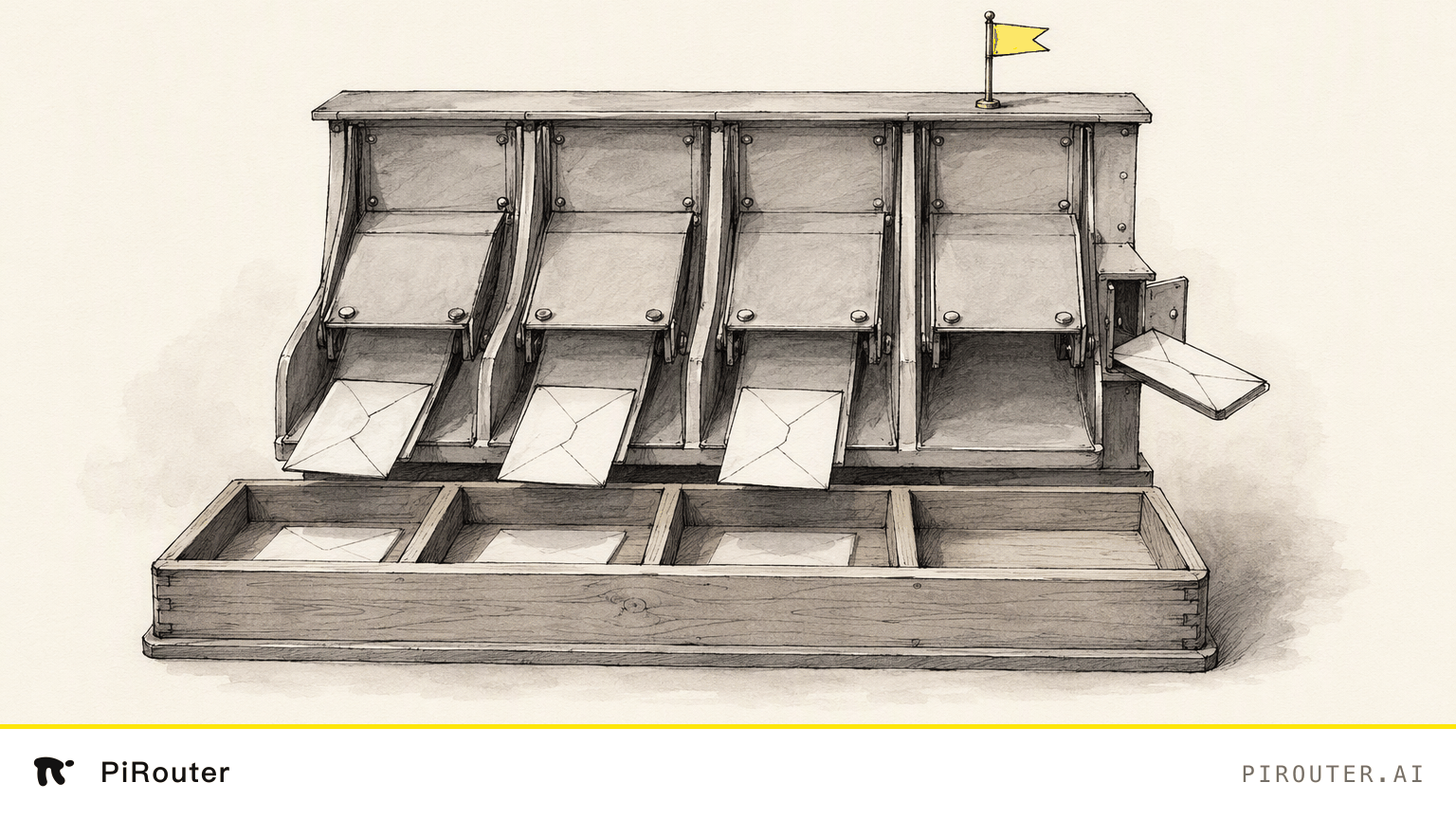 Hand-drawn ink illustration on warm paper: four brass mail-sorting chutes above one shared tray. Three drop their letters into their tray slots; the fourth diverts its letter out of a small side hatch, leaving its tray slot empty. A single small yellow flag stands on the machine.