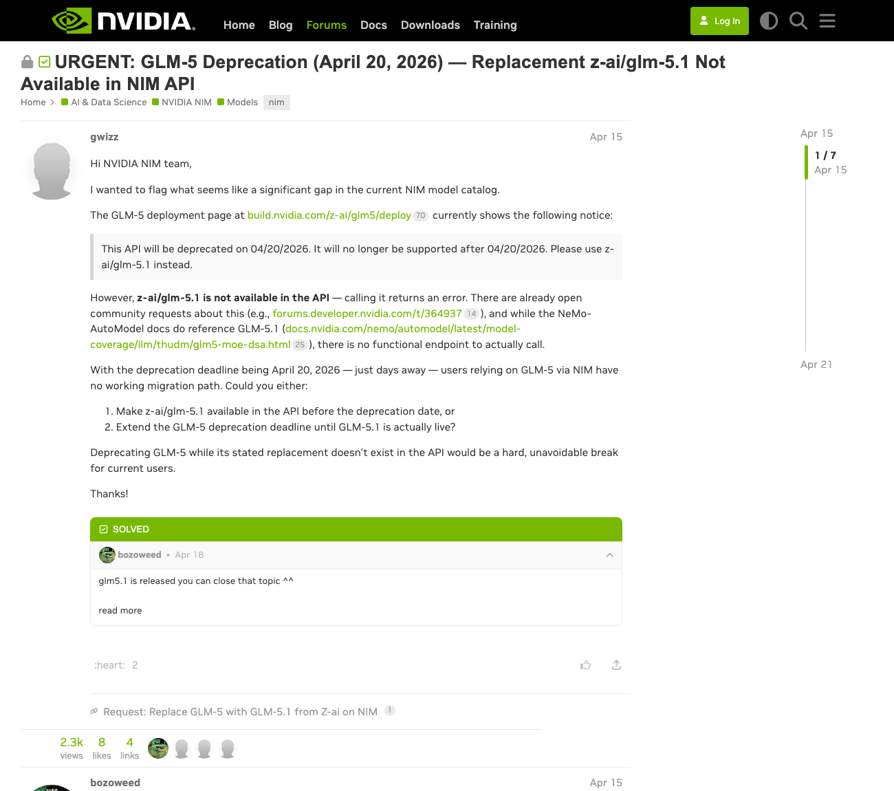The NVIDIA forum thread: GLM-5 deprecation with replacement not available, later marked SOLVED