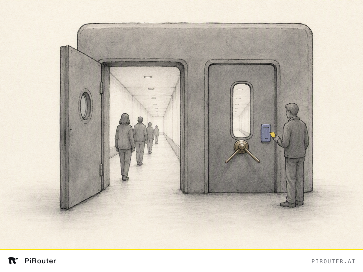 Hand-drawn ink illustration: one grey machine with two doors cut into the same body. The left door stands open and a few figures walk through it into a lit corridor; the right door is closed, fitted with a brass turnstile and a card reader, and through its window the same corridor is visible. One figure waits at the right door holding a yellow card.