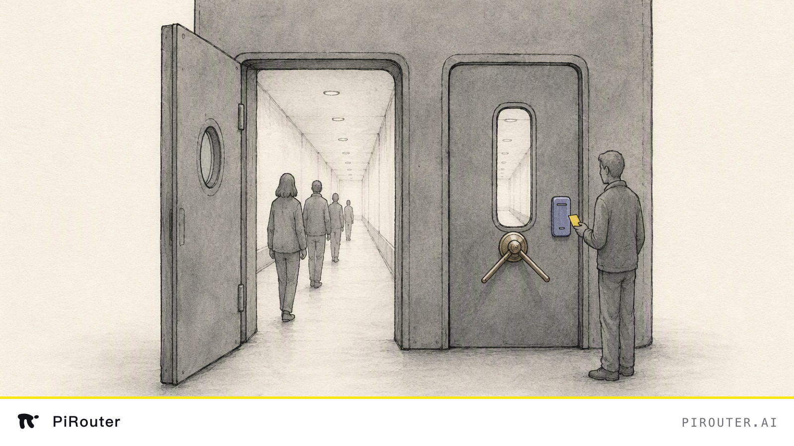 Hand-drawn ink illustration: one grey machine with two doors cut into the same body. The left door stands open and a few figures walk through it into a lit corridor; the right door is closed, fitted with a brass turnstile and a card reader, and through its window the same corridor is visible. One figure waits at the right door holding a yellow card.