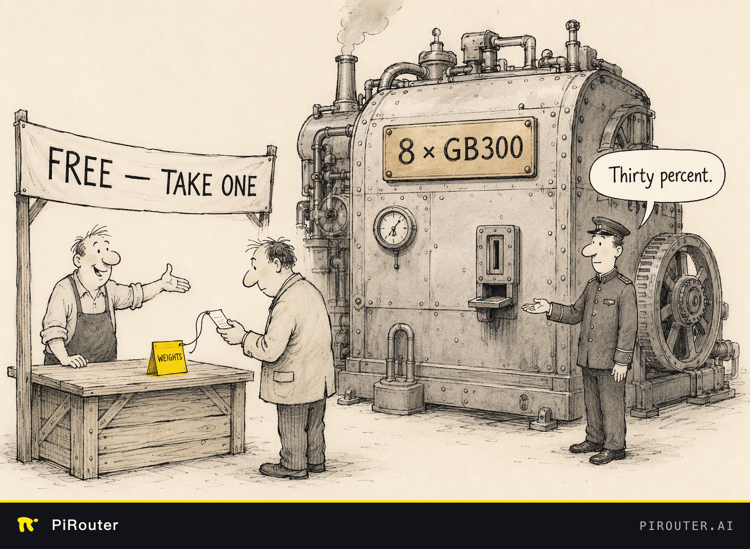 Cartoon: a "FREE — TAKE ONE" stall with one WEIGHTS packet, beside a house-sized machine plated 8 × GB300