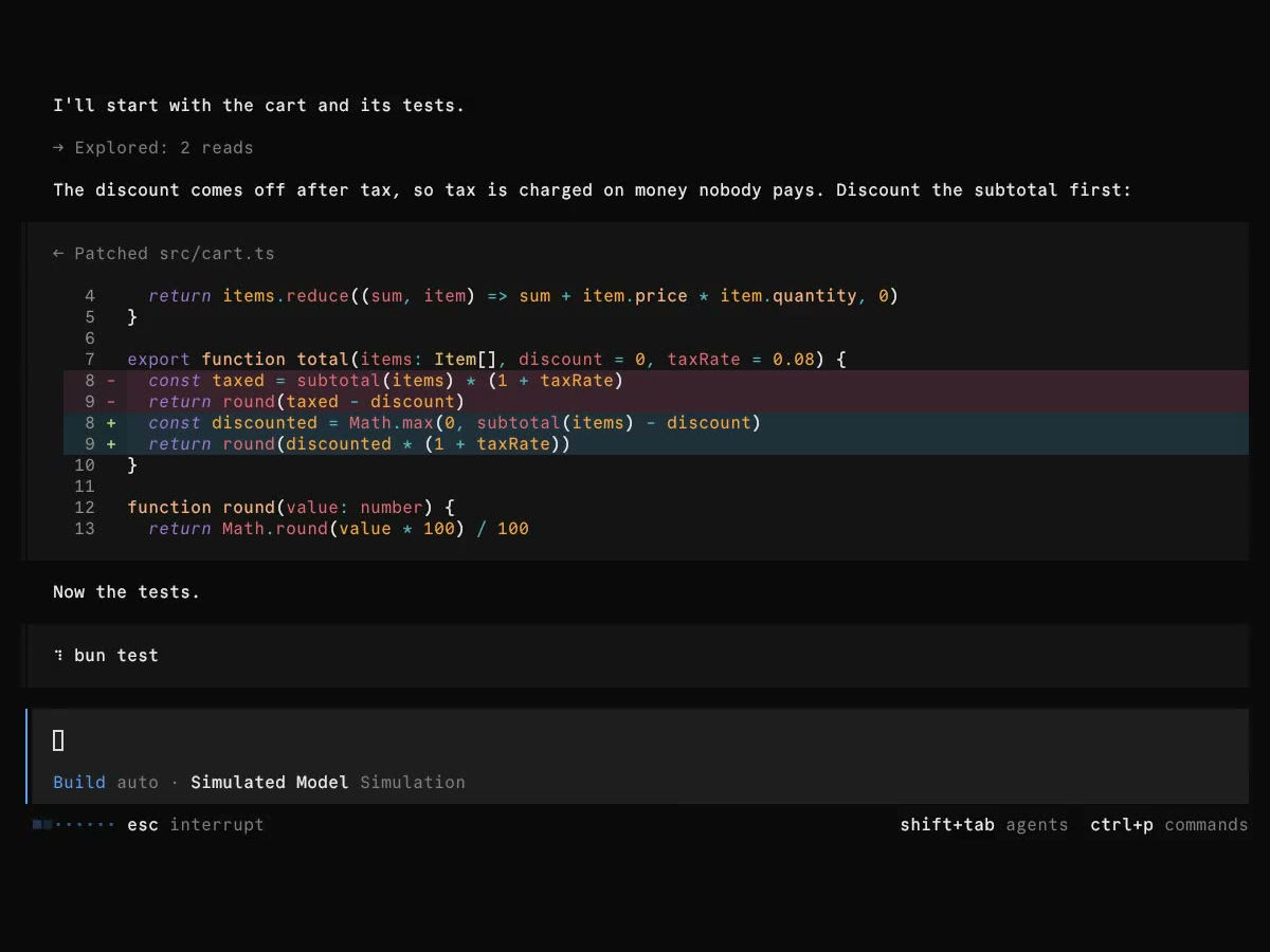 Official OpenCode terminal demonstration showing a code diff; labeled Simulated Model Simulation