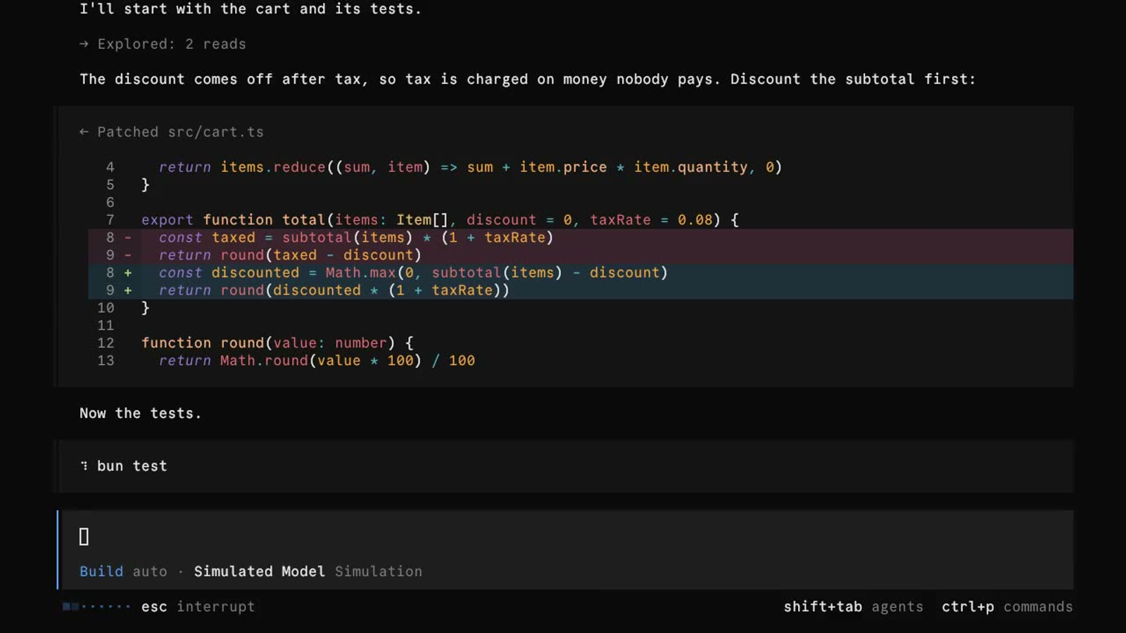 Official OpenCode terminal demonstration showing a code diff; labeled Simulated Model Simulation