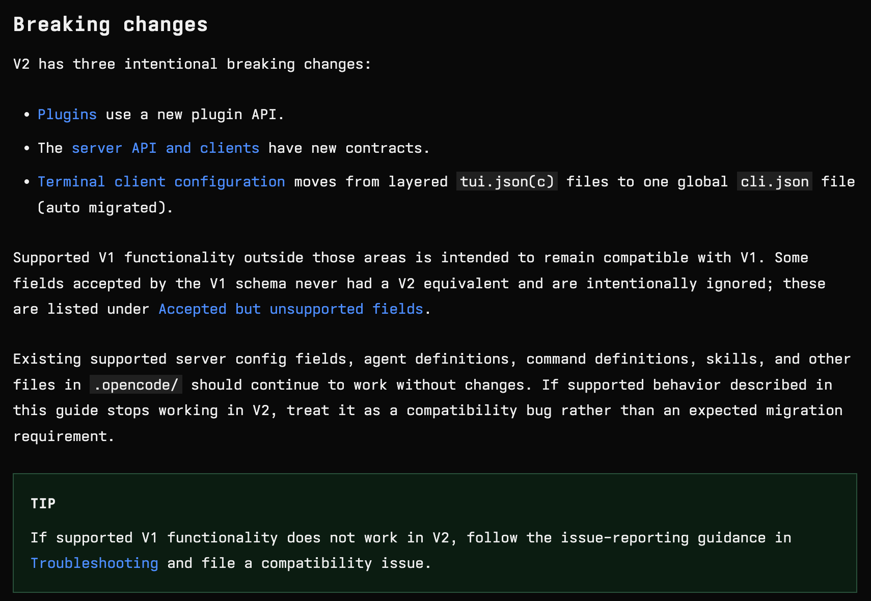 Official migration guide listing the three breaking changes