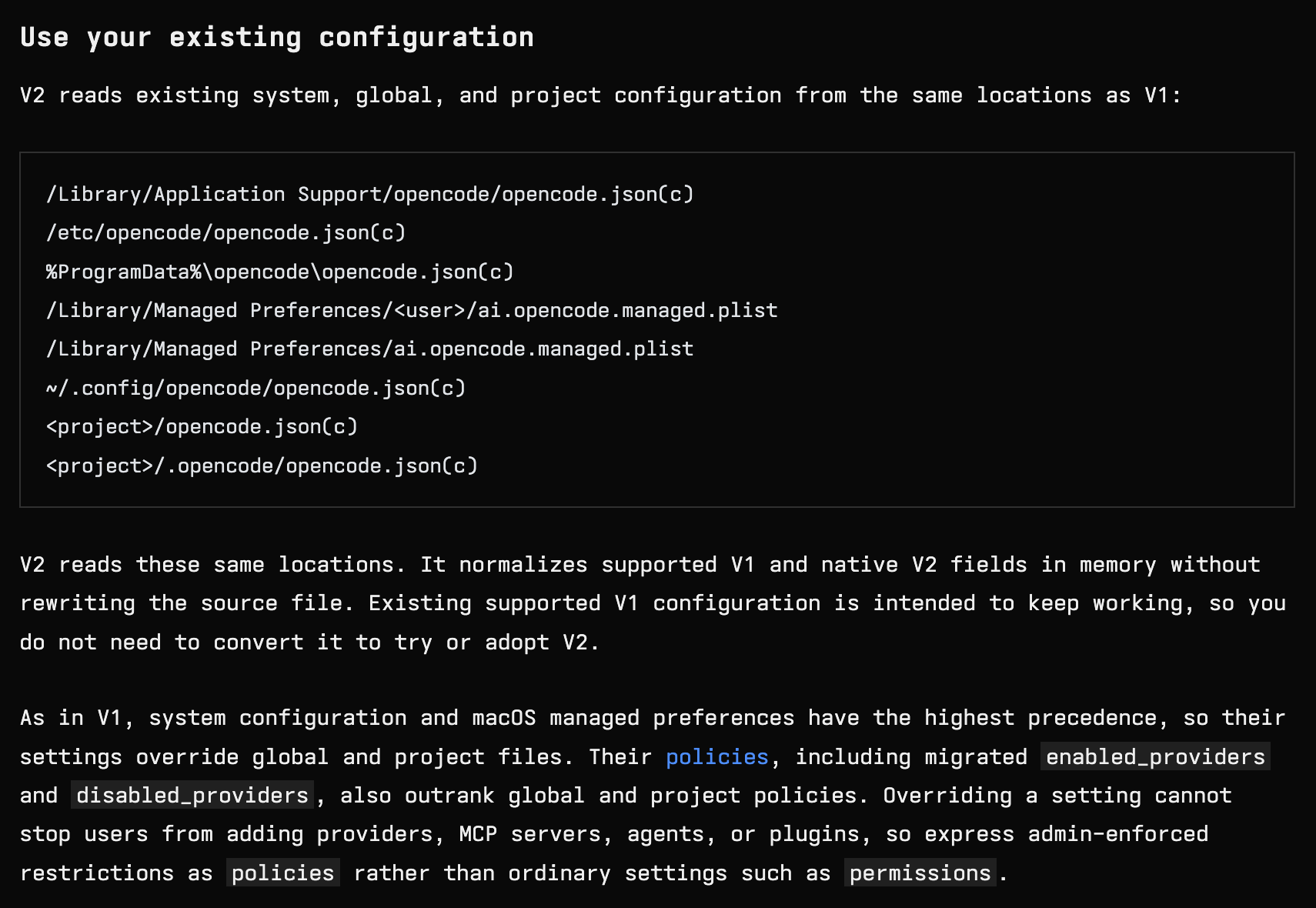 Current configuration paths and policy precedence in the migration guide