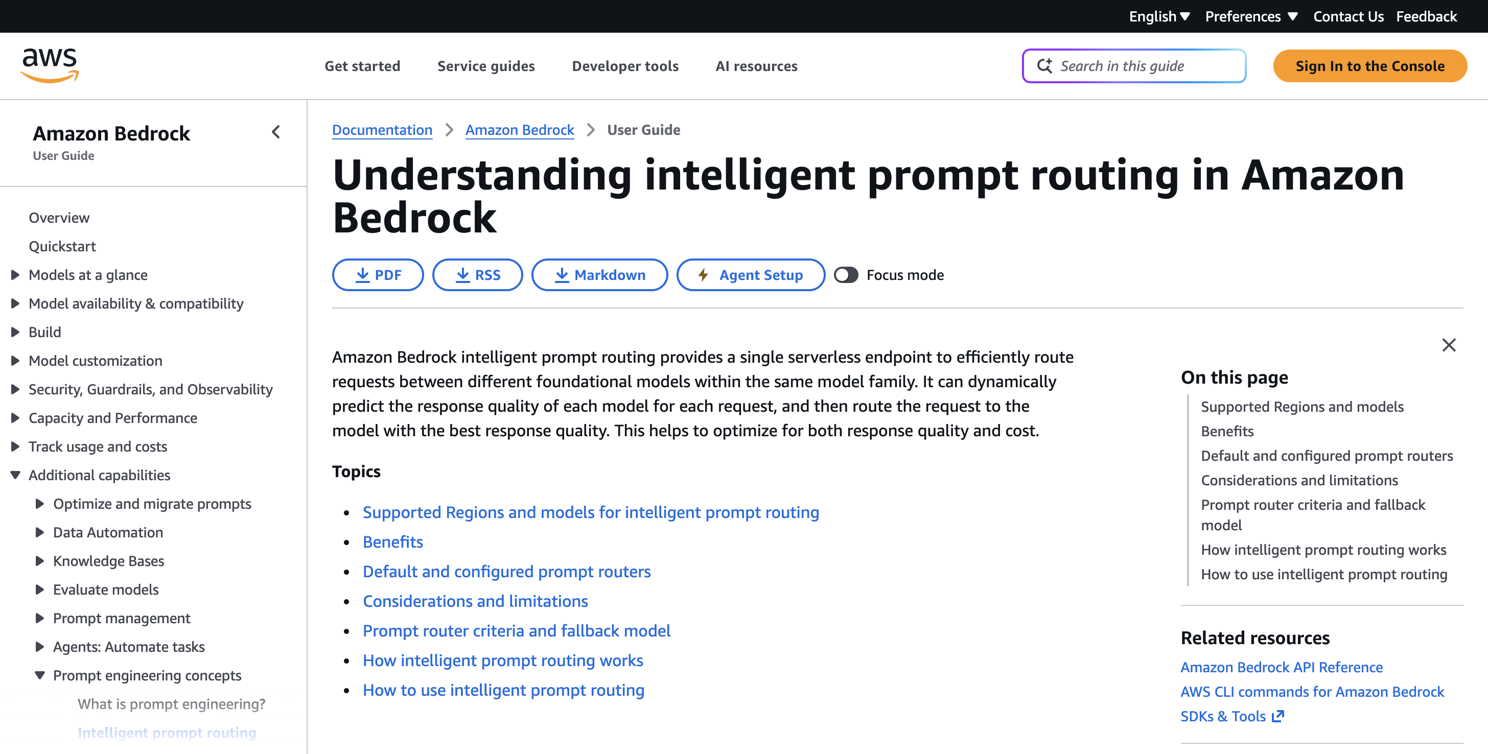 AWS documentation page "Understanding intelligent prompt routing in Amazon Bedrock", showing the introduction about routing between models within the same model family and the topic list including "Prompt router criteria and fallback model"