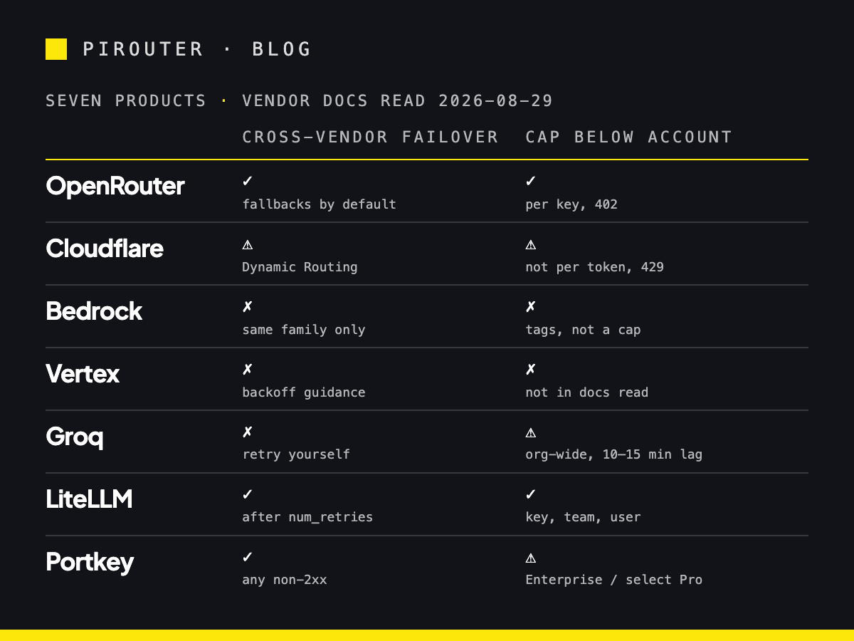 Matrix of six LLM API products offered as OpenRouter alternatives — Cloudflare AI Gateway, AWS Bedrock, Google Vertex, Groq, LiteLLM and Portkey — against four production columns: cross-vendor failover, a spend cap below the account, the Anthropic Messages API, and a zero-data-retention control, each cell marked available, gated or absent according to the vendor's own documentation