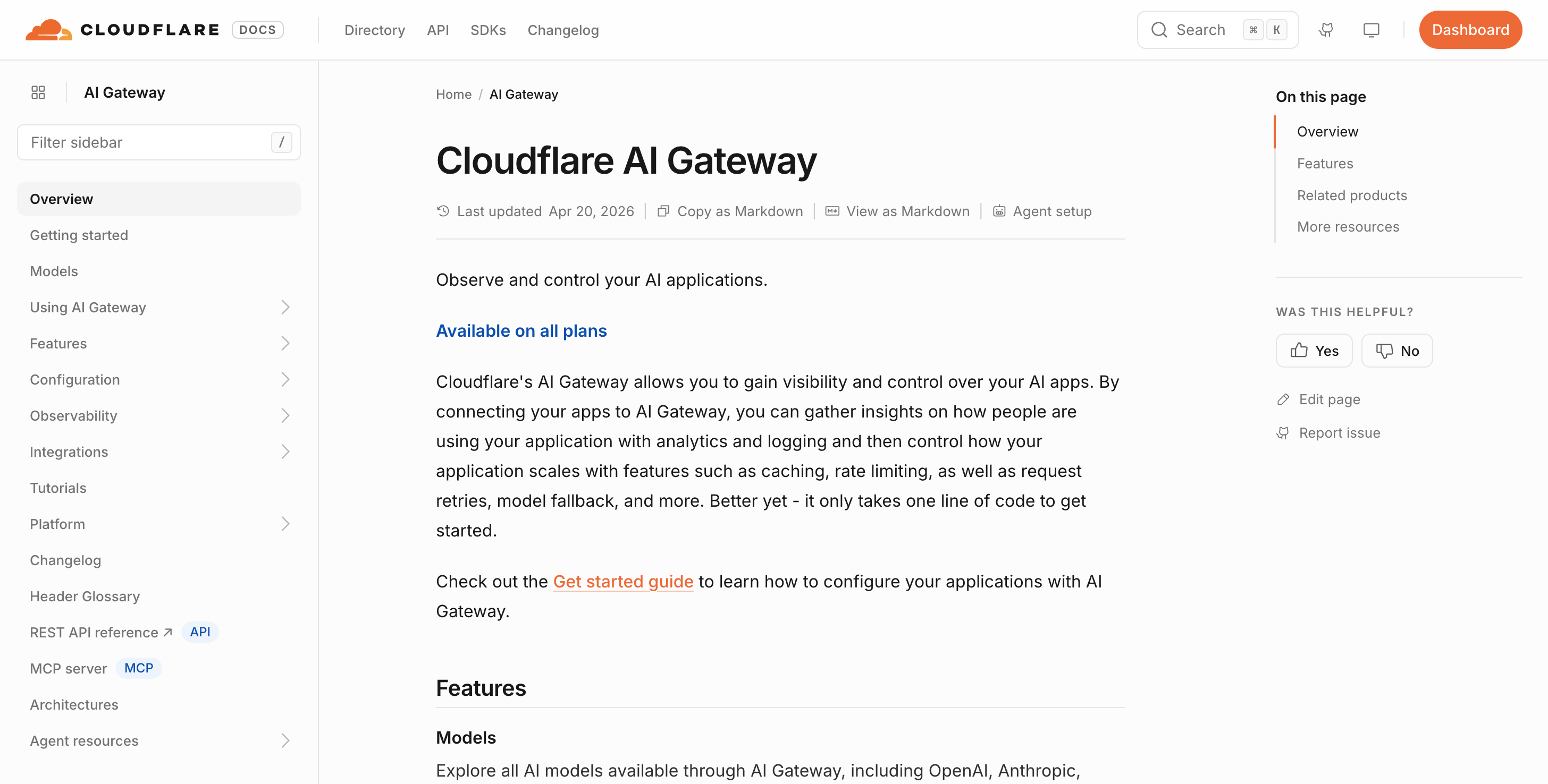 Cloudflare docs overview page for AI Gateway, headed "Observe and control your AI applications", listing analytics, logging, caching, rate limiting, request retries and model fallback, with "Available on all plans" shown