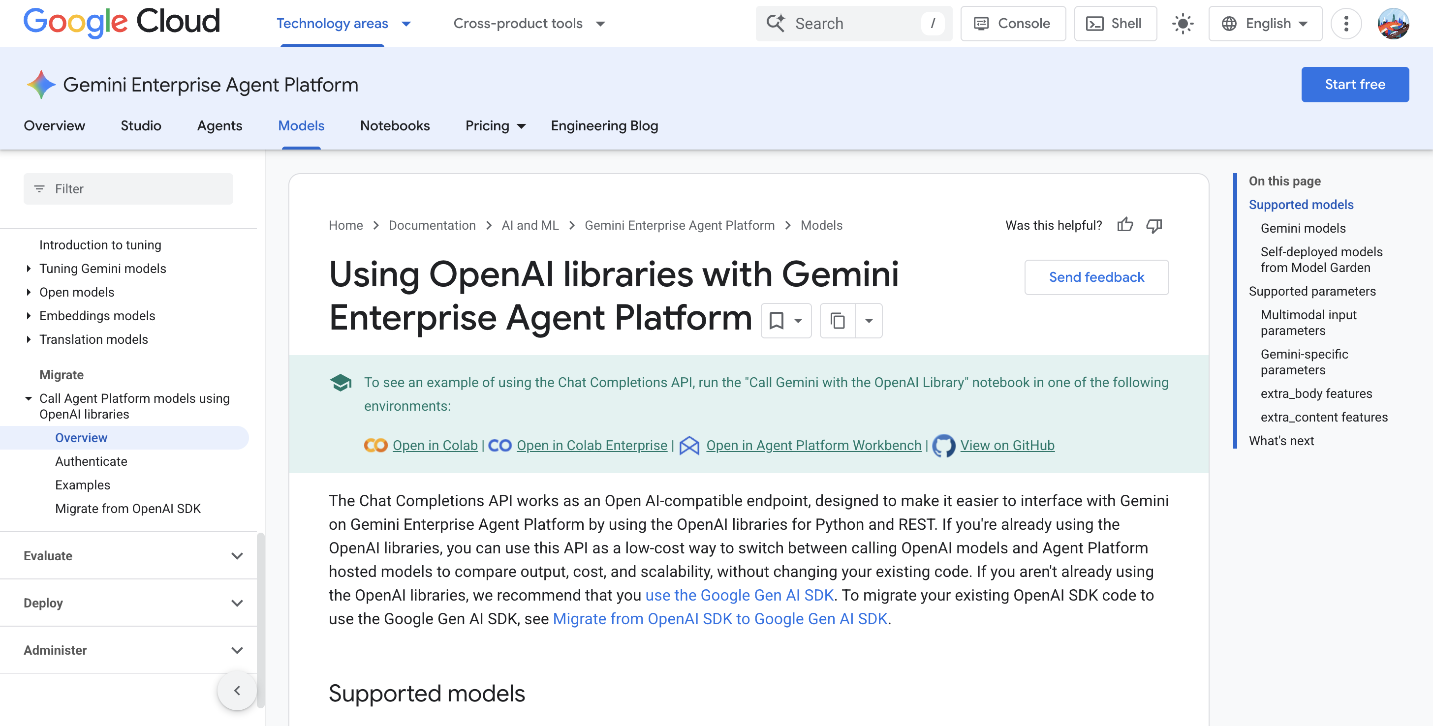 Google Cloud documentation page "Using OpenAI libraries with Gemini Enterprise Agent Platform", noting the Chat Completions API is an OpenAI-compatible endpoint for Gemini and recommending the Google Gen AI SDK otherwise