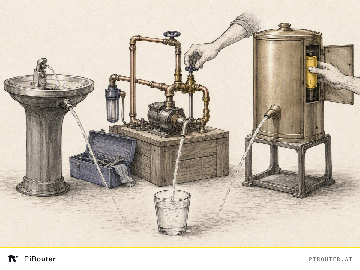Hand-drawn ink illustration: three different objects in a row, each delivering water into the same glass. A plumbed-in public drinking fountain on the left; a hand-built rig of copper pipe, valves and a pump on a wooden crate in the middle, its workings exposed with a toolbox beside it; a sealed brass cabinet on the right whose side hatch is open while a hand fits a yellow cartridge into it.