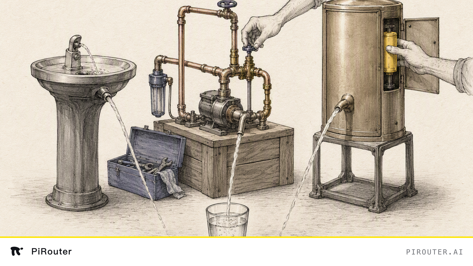 Hand-drawn ink illustration: three different objects in a row, each delivering water into the same glass. A plumbed-in public drinking fountain on the left; a hand-built rig of copper pipe, valves and a pump on a wooden crate in the middle, its workings exposed with a toolbox beside it; a sealed brass cabinet on the right whose side hatch is open while a hand fits a yellow cartridge into it.