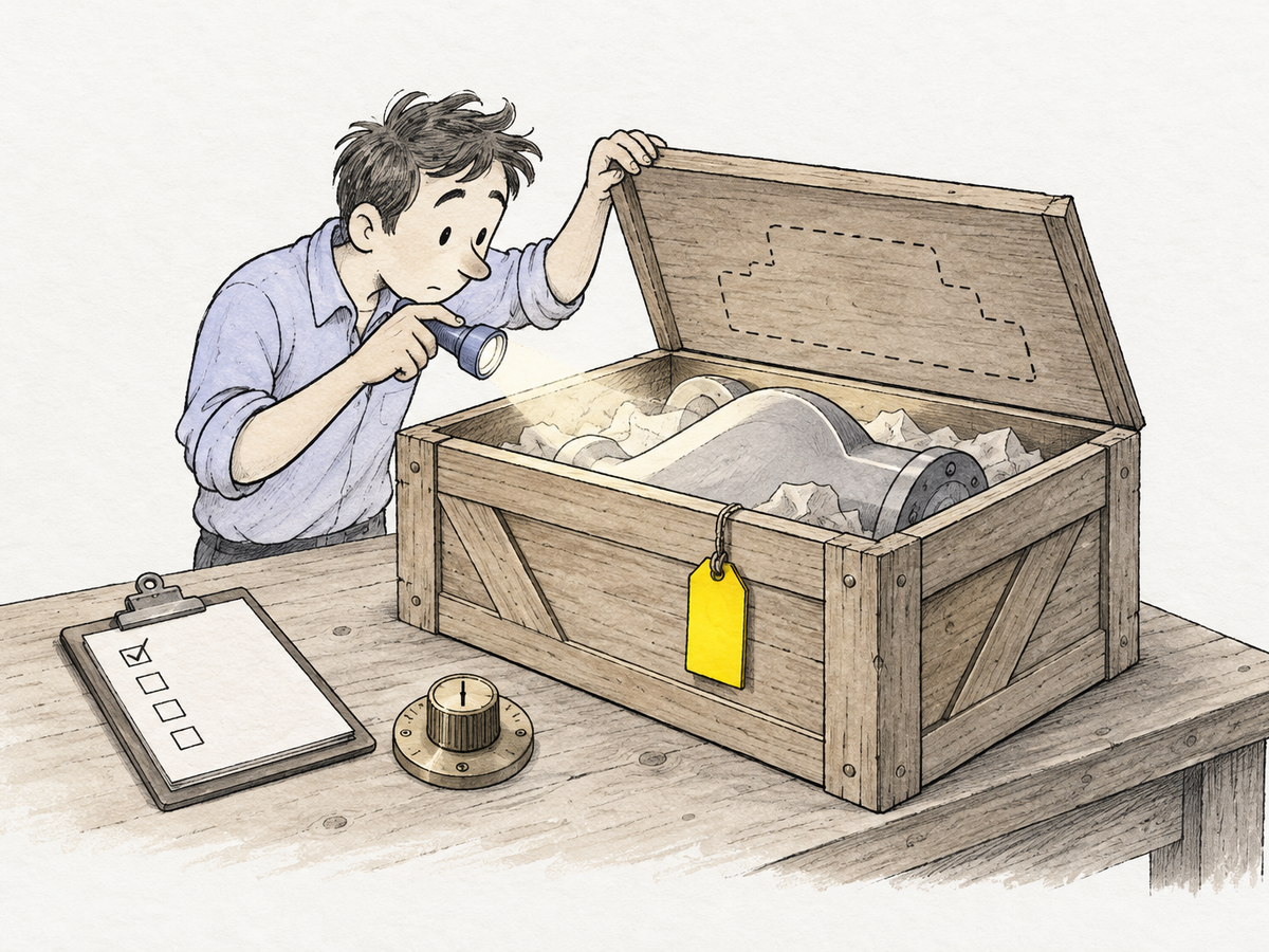手描きのイラスト。黄色い荷札が下がった木箱の蓋を技師が片手で持ち上げ、懐中電灯で中をのぞき込んでいる。中身は蓋の裏に点線で描かれた元の形より大きく、形も違う。机の上には一つ目だけチェックの入った四マスのチェックリストと真鍮のダイヤルが置かれている。