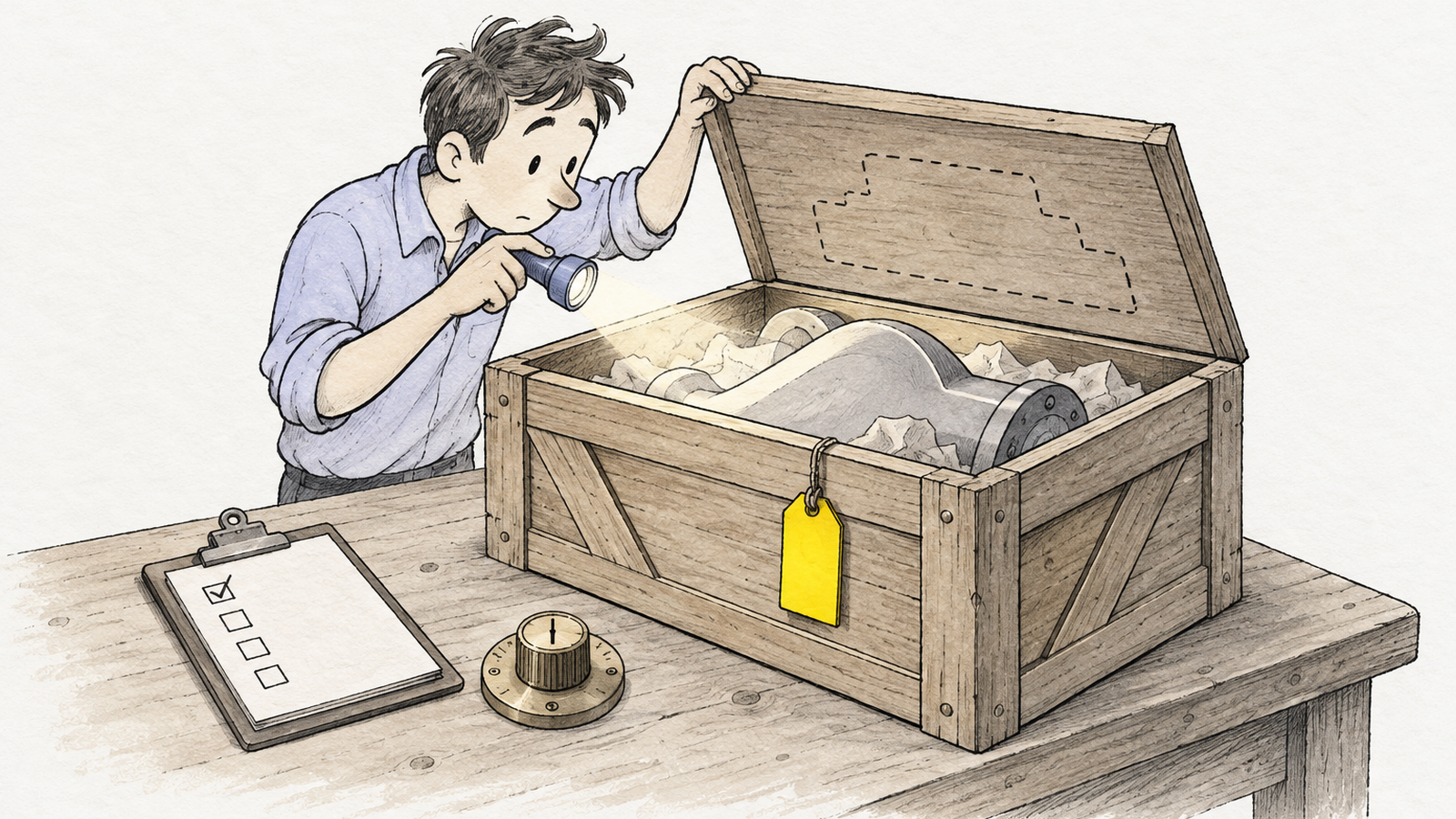 手描きのイラスト。黄色い荷札が下がった木箱の蓋を技師が片手で持ち上げ、懐中電灯で中をのぞき込んでいる。中身は蓋の裏に点線で描かれた元の形より大きく、形も違う。机の上には一つ目だけチェックの入った四マスのチェックリストと真鍮のダイヤルが置かれている。