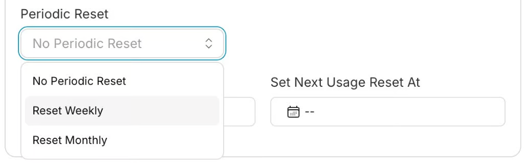The Periodic Reset dropdown on a Portkey API key expanded to its three options: No Periodic Reset, Reset Weekly, Reset Monthly, with the Set Next Usage Reset At field beside it